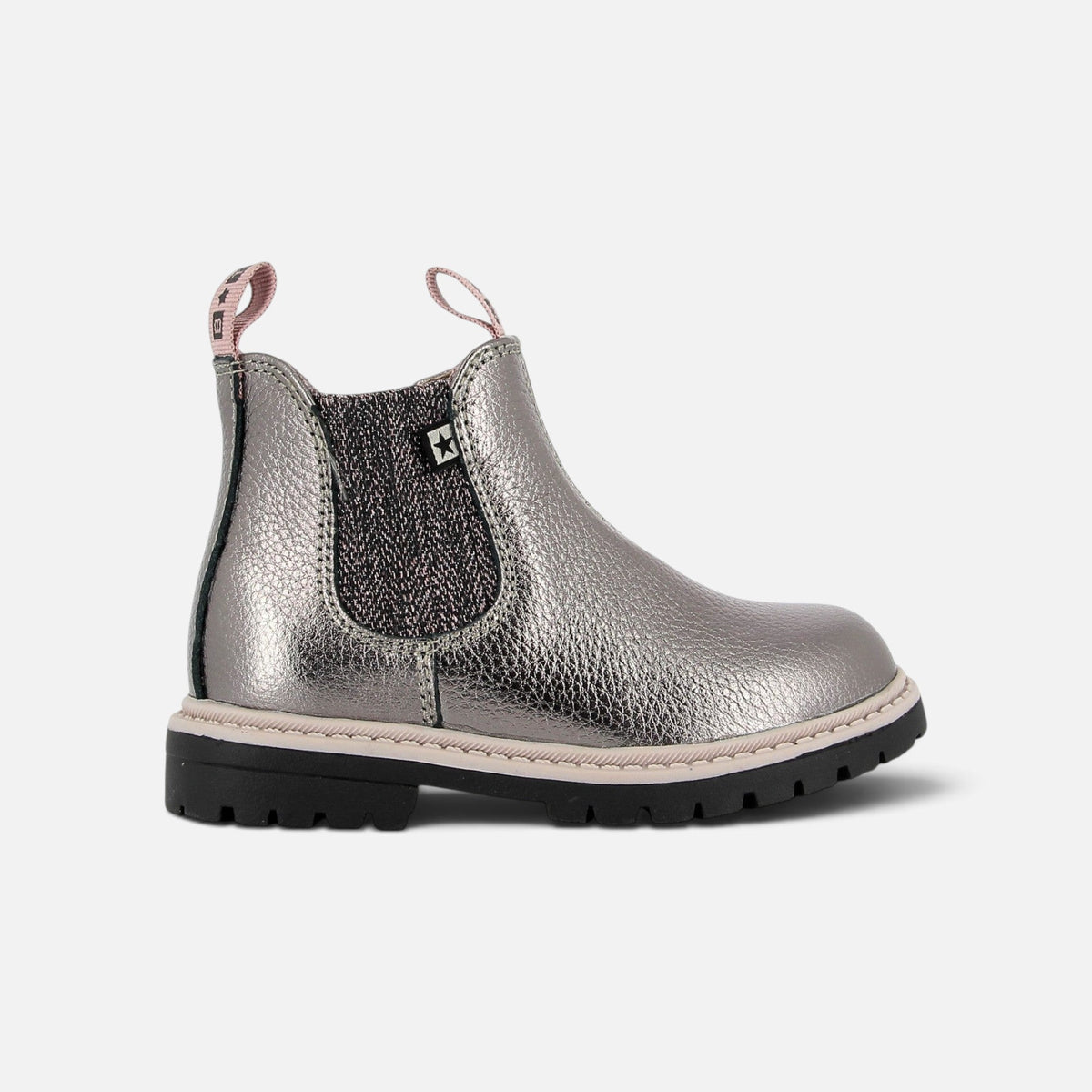 Bottines Chelsea Shoo Pom pour enfant en cuir métallisé argenté avec empiècements élastiques texturés et semelle crantée
