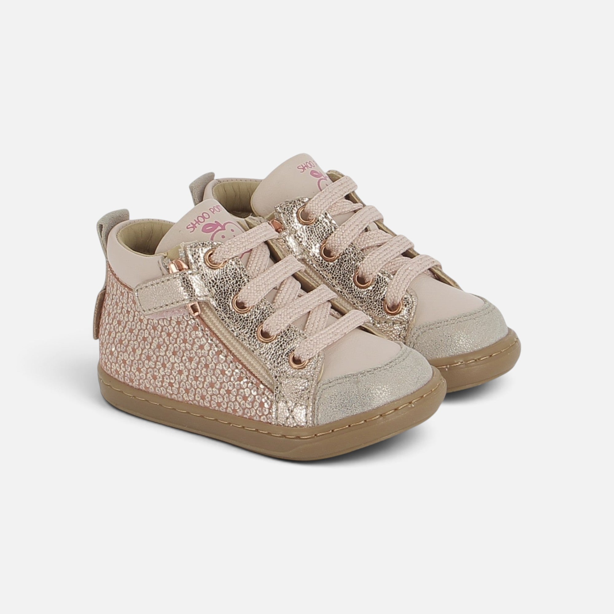 Baskets montantes Shoo Pom pour enfant en cuir sable et détails métallisés dorés avec fermeture éclair latérale