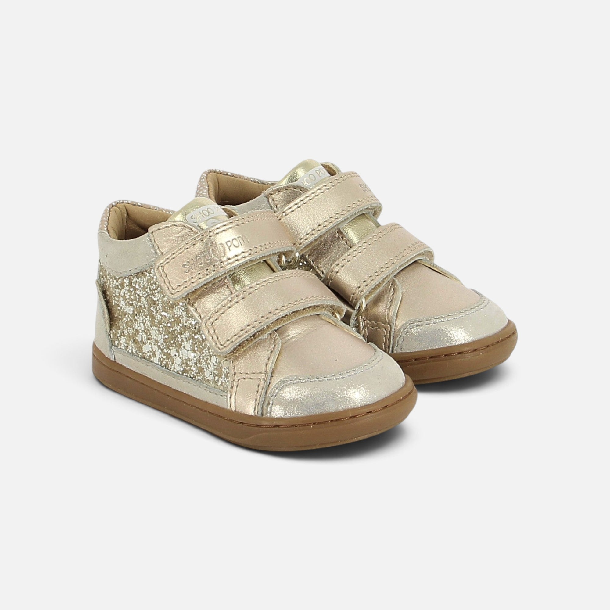 Chaussures premiers-pas Shoo Pom en cuir platine avec détails pailletés et fermeture à scratchs