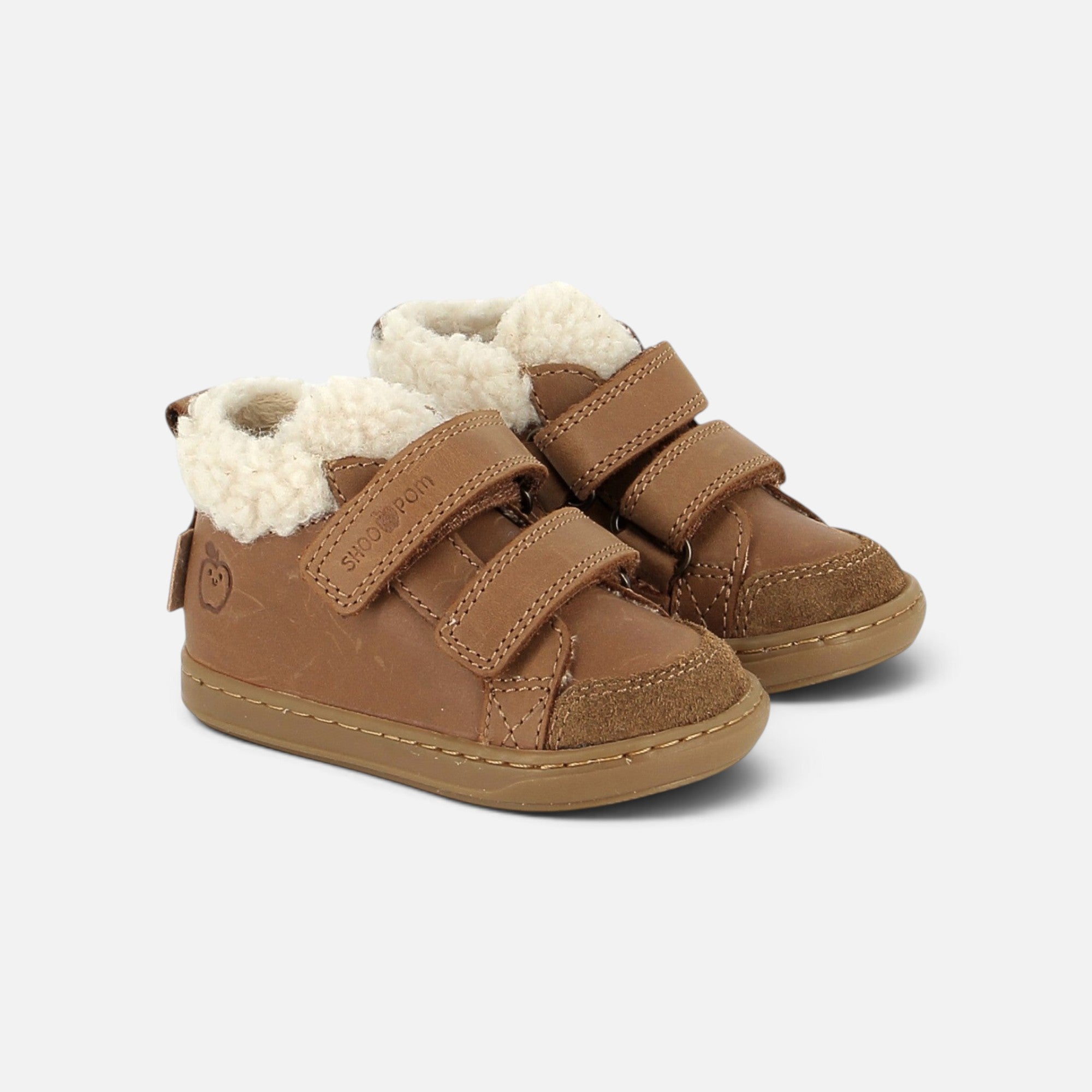 Chaussures premiers pas Shoo Pom Bouba en cuir camel avec doublure en laine et fermeture à scratchs