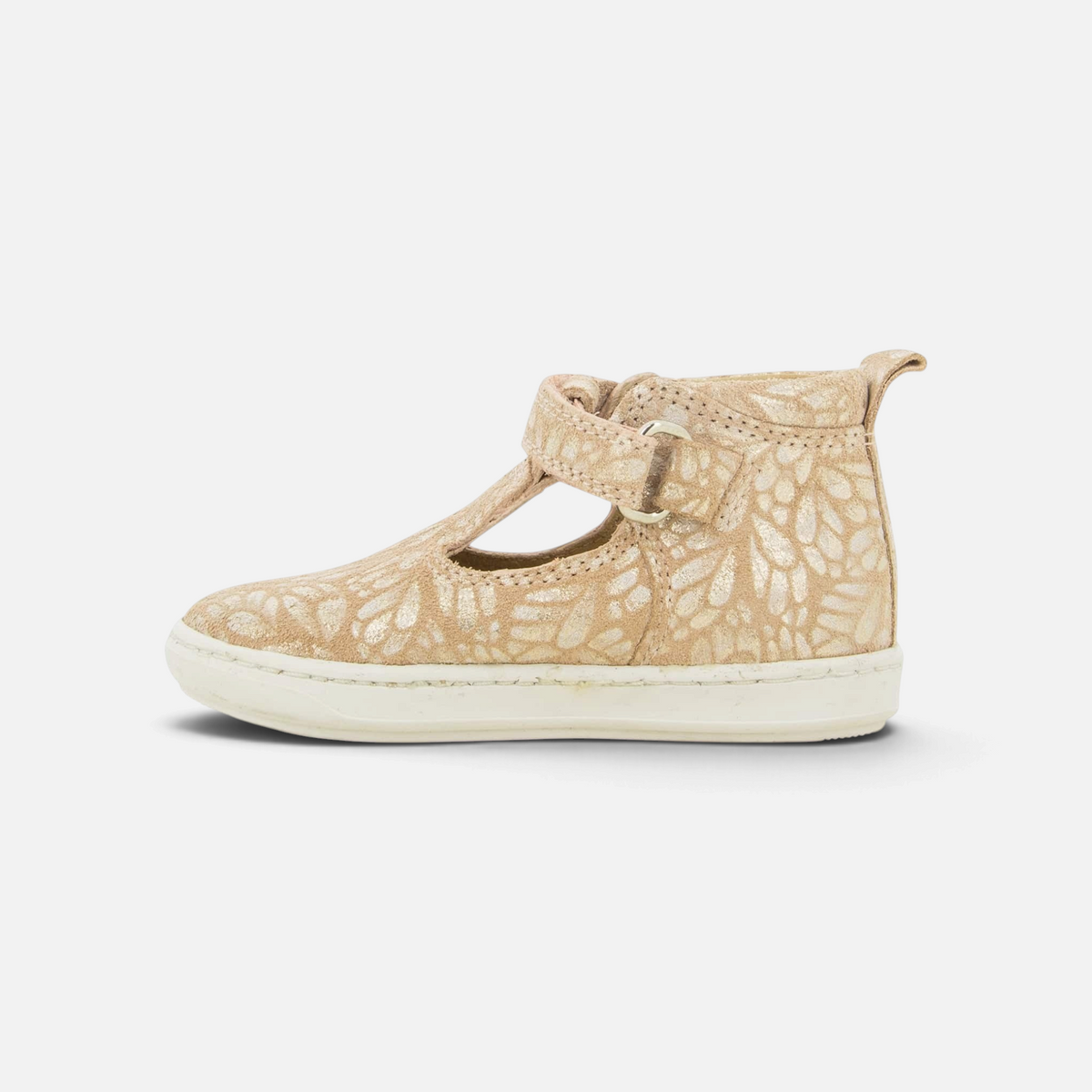 Sandale Shoo Pom Bouba Up beige en cuir avec imprimé argenté, tige haute et fermeture auto-agrippante pour enfant.
