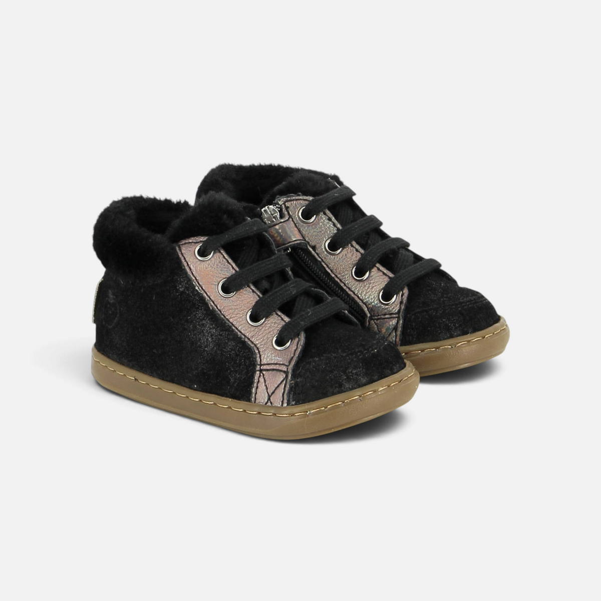 Chaussures premiers-pas Shoo Pom Bouba Zip en cuir noir fourrées avec lacets et fermeture éclair latérale