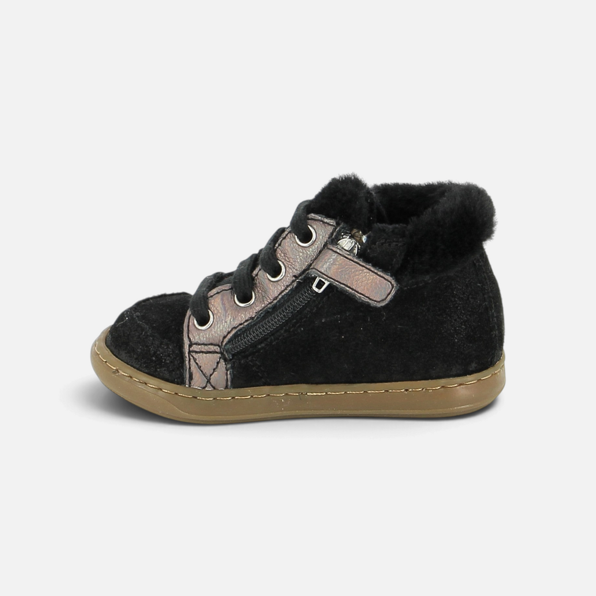 Chaussure premiers-pas Shoo Pom Bouba Zip noire en cuir avec doublure fourrée et semelle souple