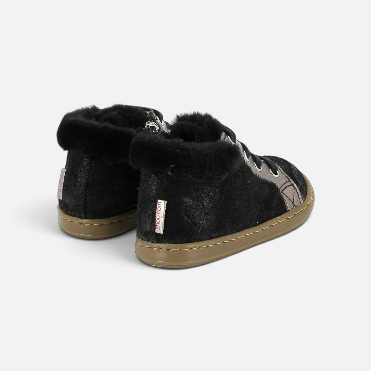 Chaussures premiers pas Shoo Pom Bouba Zip noires en cuir avec doublure fourrée et semelle souple