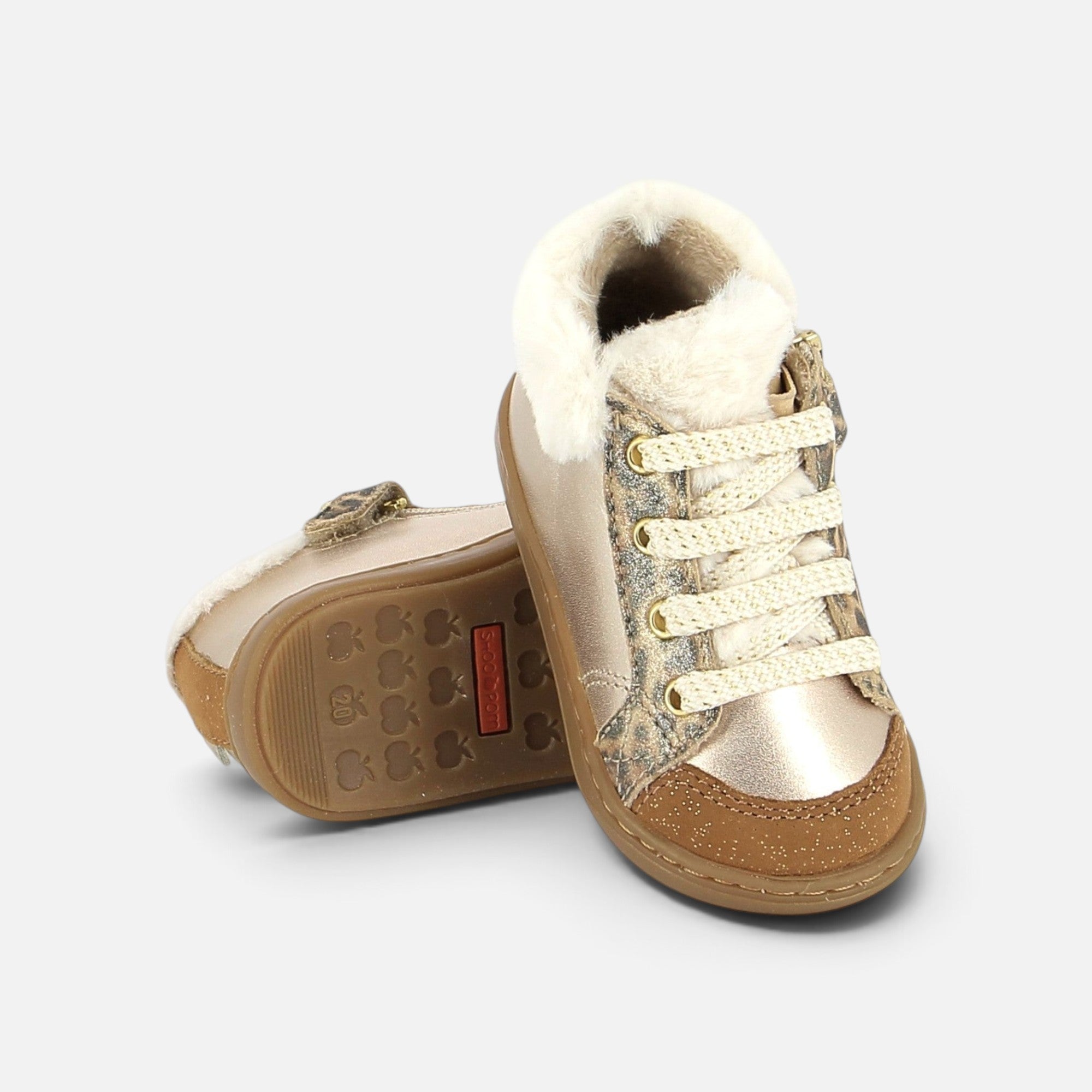 Chaussures premiers-pas Shoo Pom Bouba Zip en cuir laminé bronze clair avec doublure fourrée et semelle souple