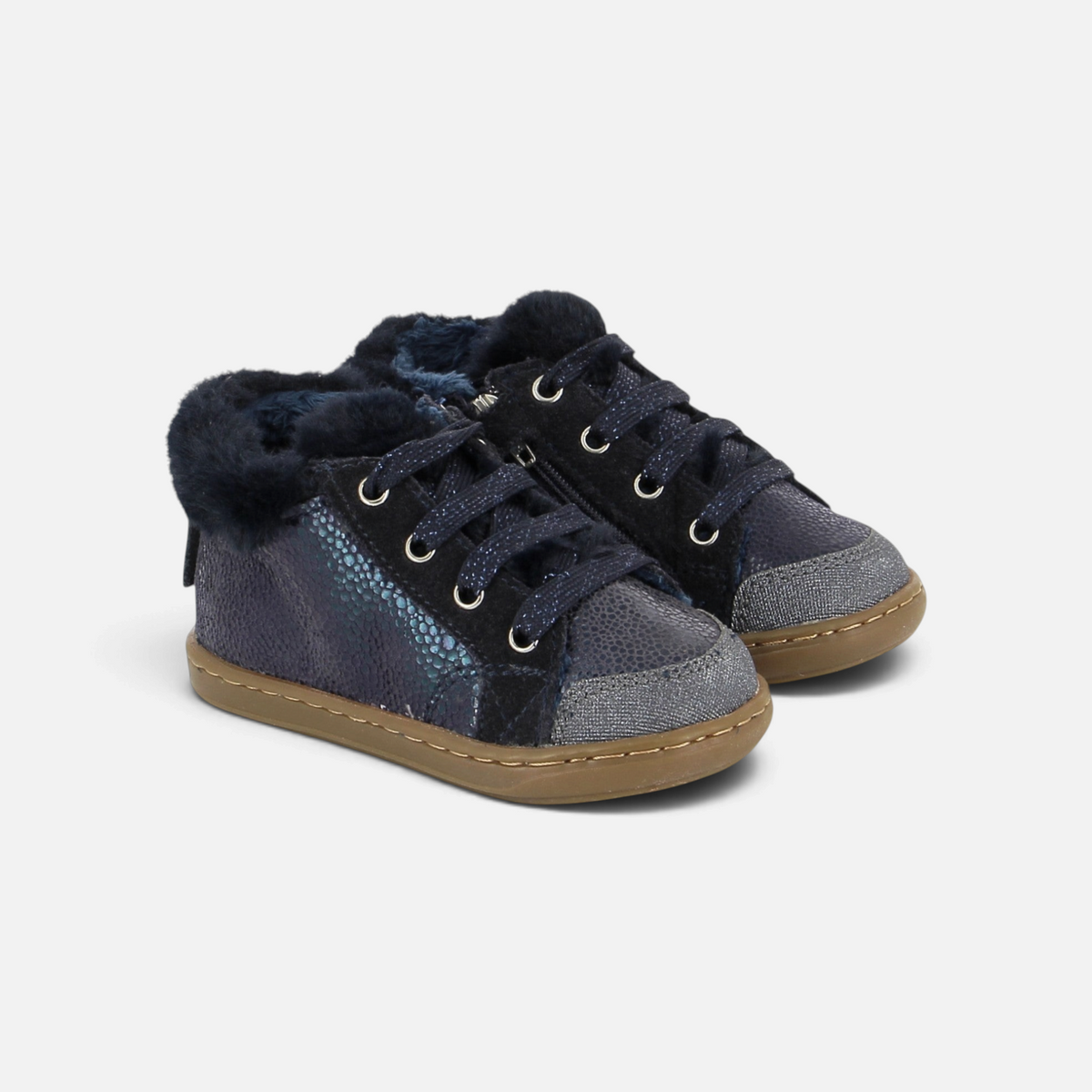 Chaussures premiers pas Shoo Pom Bouba Zip en cuir bleu marine avec doublure fourrée et semelle souple