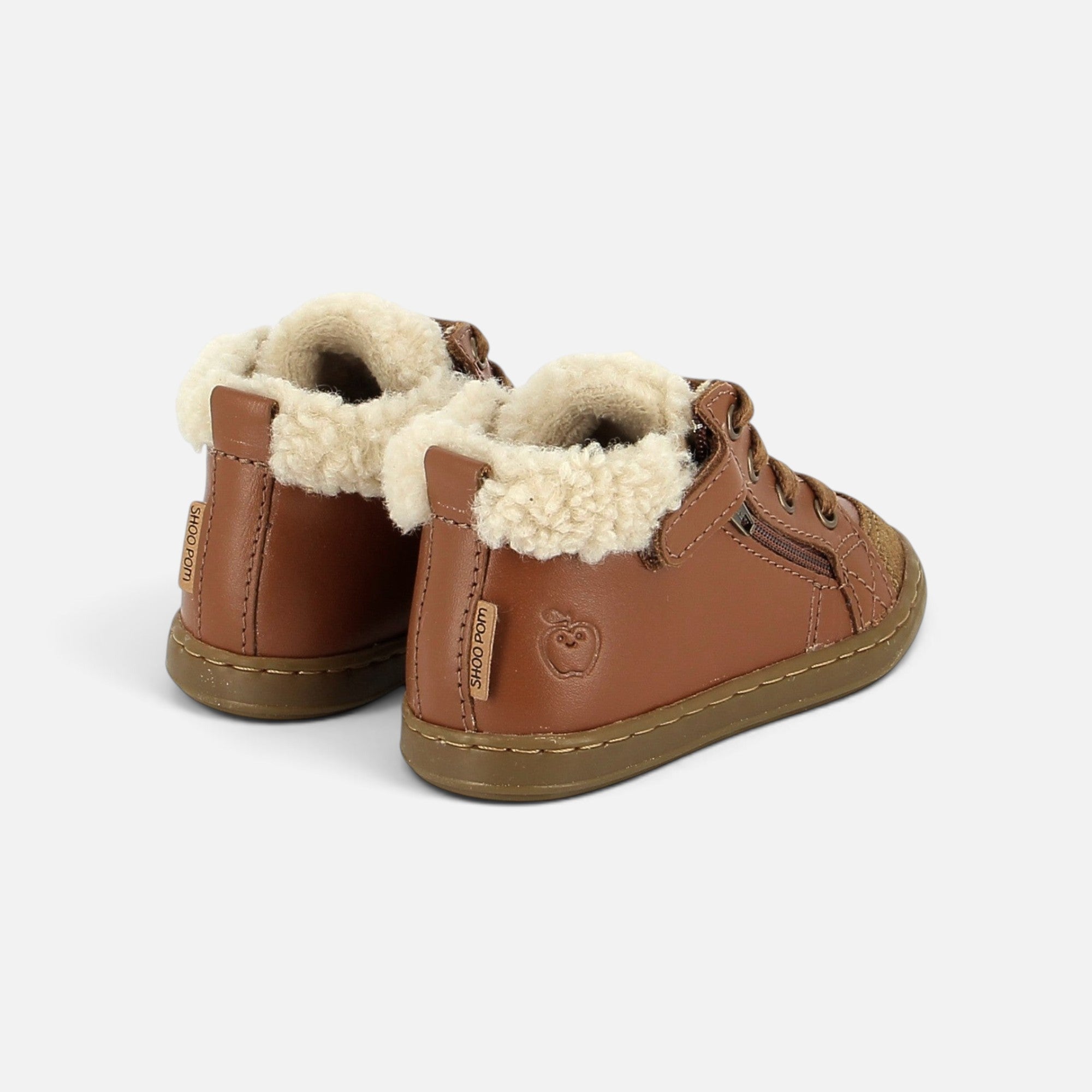 Chaussures premiers-pas Shoo Pom Bouba en cuir camel avec doublure en laine et fermeture éclair latérale