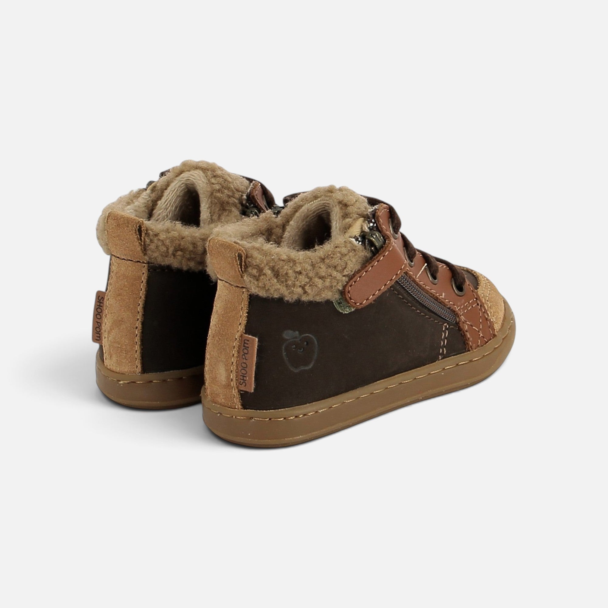 Chaussures premiers-pas Shoo Pom Bouba Zip en cuir velours et nubuck marron avec doublure en laine chaude