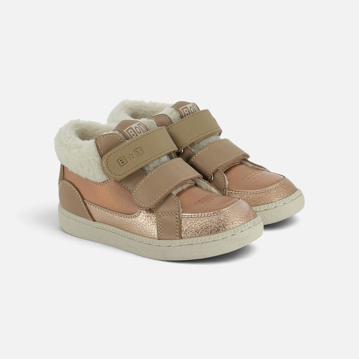 Baskets montantes Shoo Pom pour enfant en cuir métallisé rose et beige avec doublure en fourrure et fermetures velcro