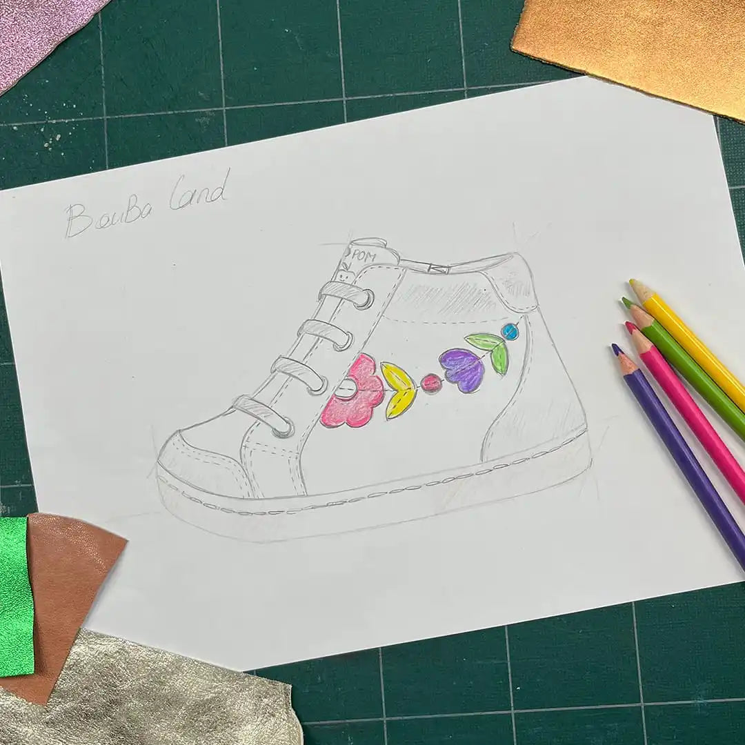 Un croquis au crayon d'une basket haute décorée de motifs de papillons colorés.