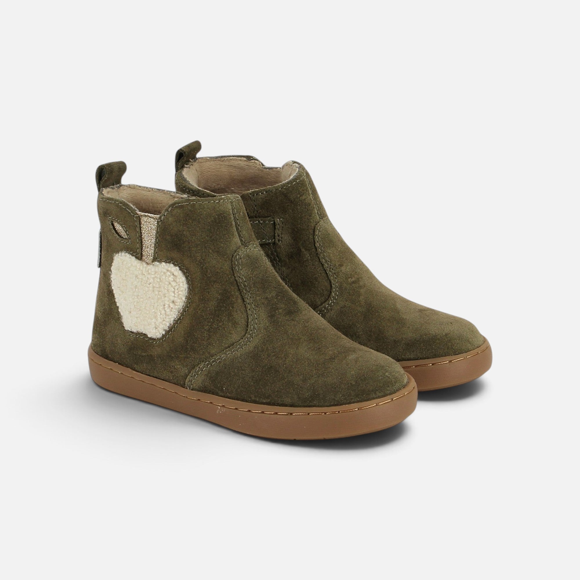 Bottines Shoo Pom kaki en cuir velours avec motif pomme en fourrure et semelle en caoutchouc souple