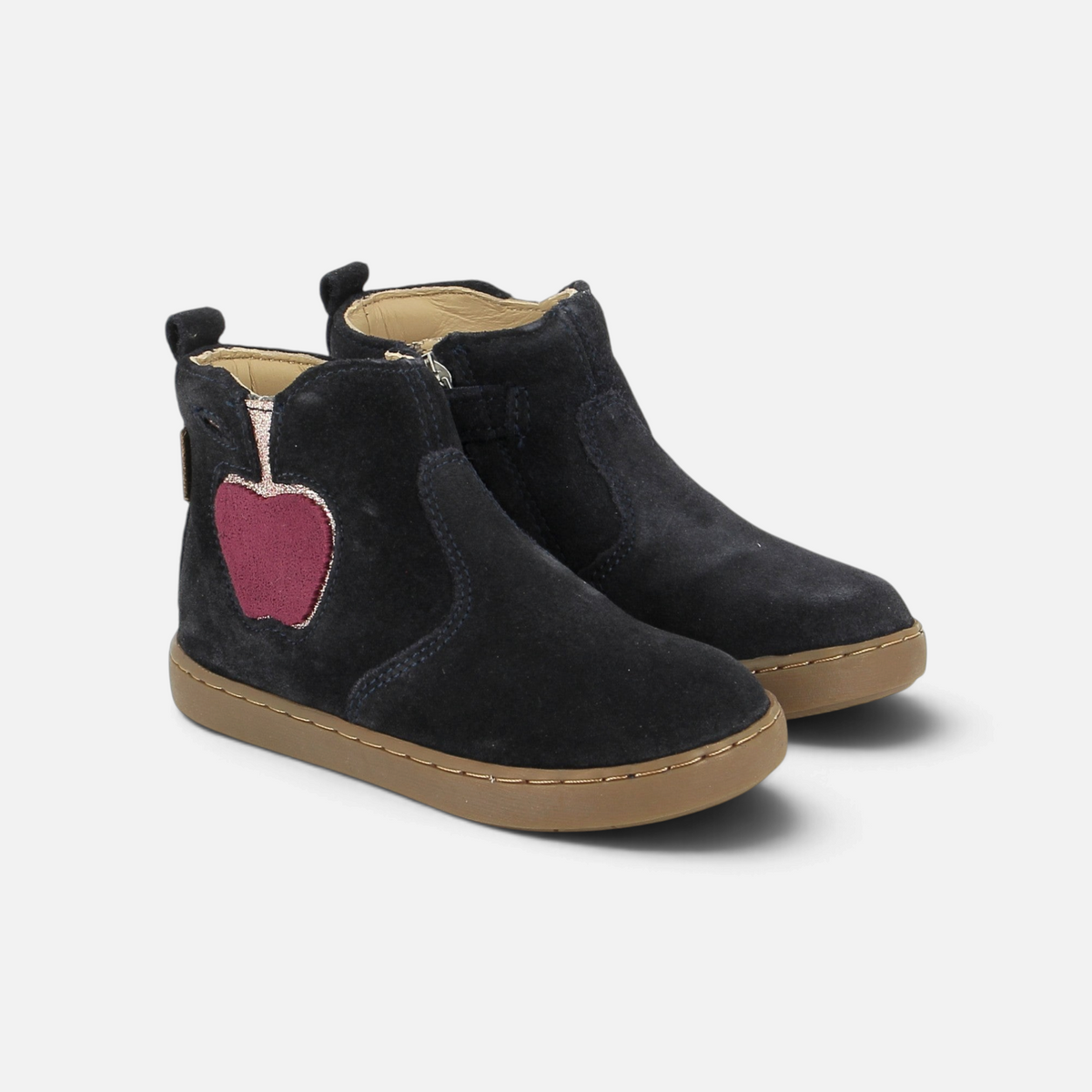 Bottines Shoo Pom bleu marine en cuir velours avec motif pomme et fermeture éclair latérale pour fille