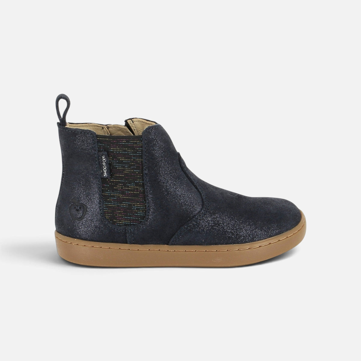 Bottines Shoo Pom Play Chelsea en cuir bleu marine laminé avec élastique pailleté et semelle en caoutchouc souple