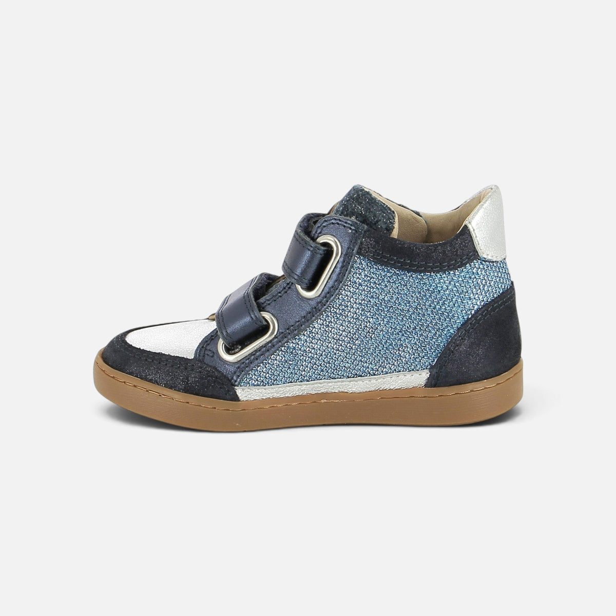 Basket Shoo Pom pour fille en cuir bleu marine et argent avec fermeture scratch et semelle en caoutchouc souple