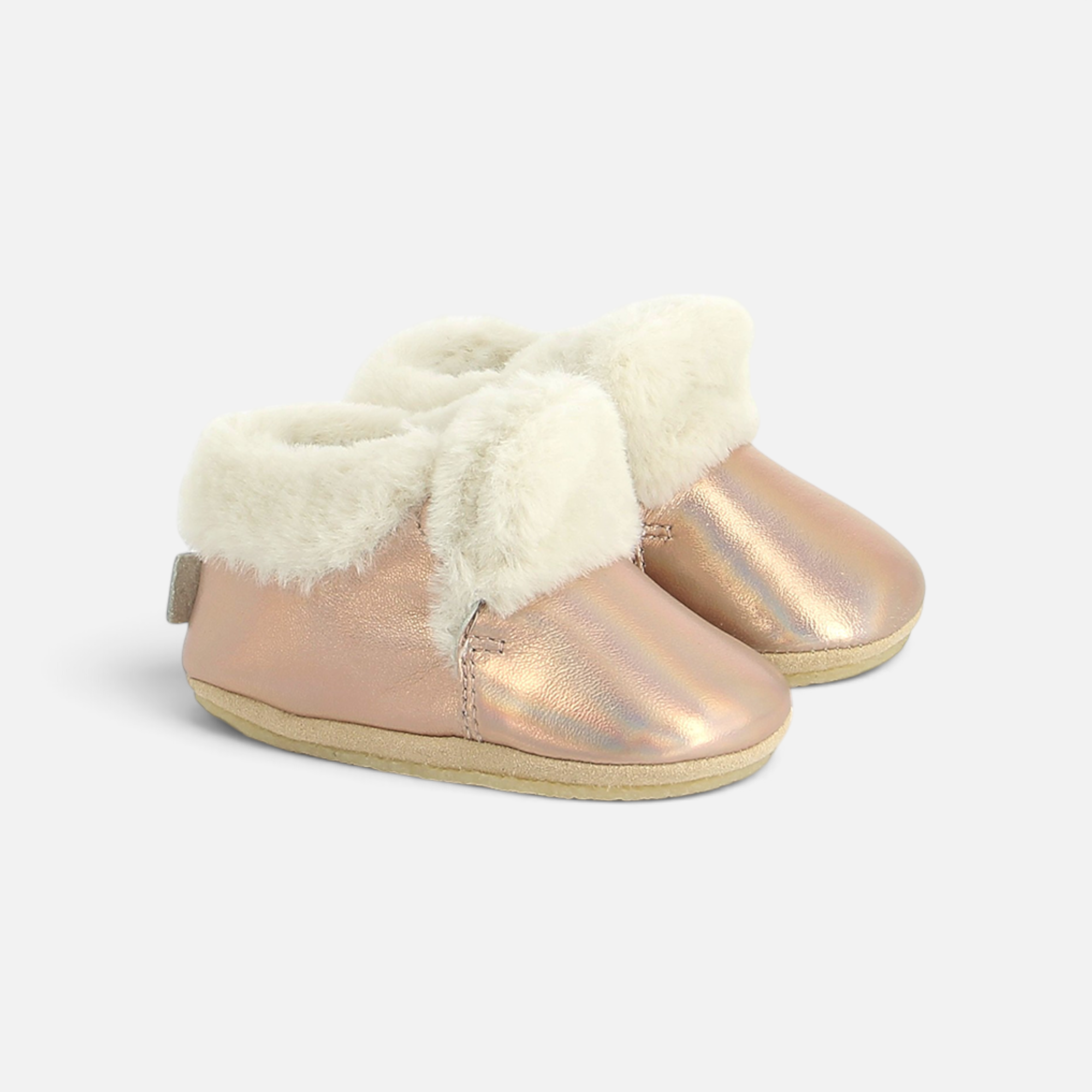 Chaussons bébé Shoo Pom Doudou Fur en cuir nappa métallisé cuivre avec doublure en fourrure synthétique douce