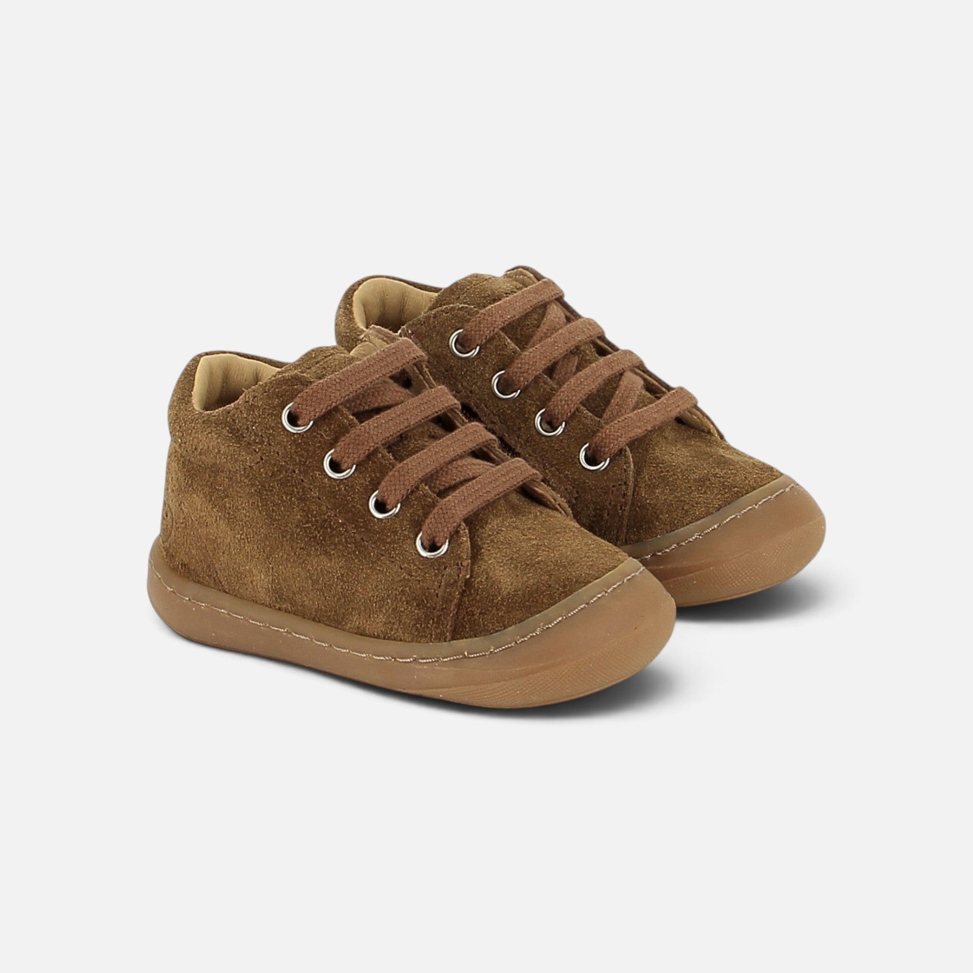 Chaussures premiers-pas Shoo Pom Tom Zip en cuir velours couleur cappuccino avec lacets et semelle en caoutchouc