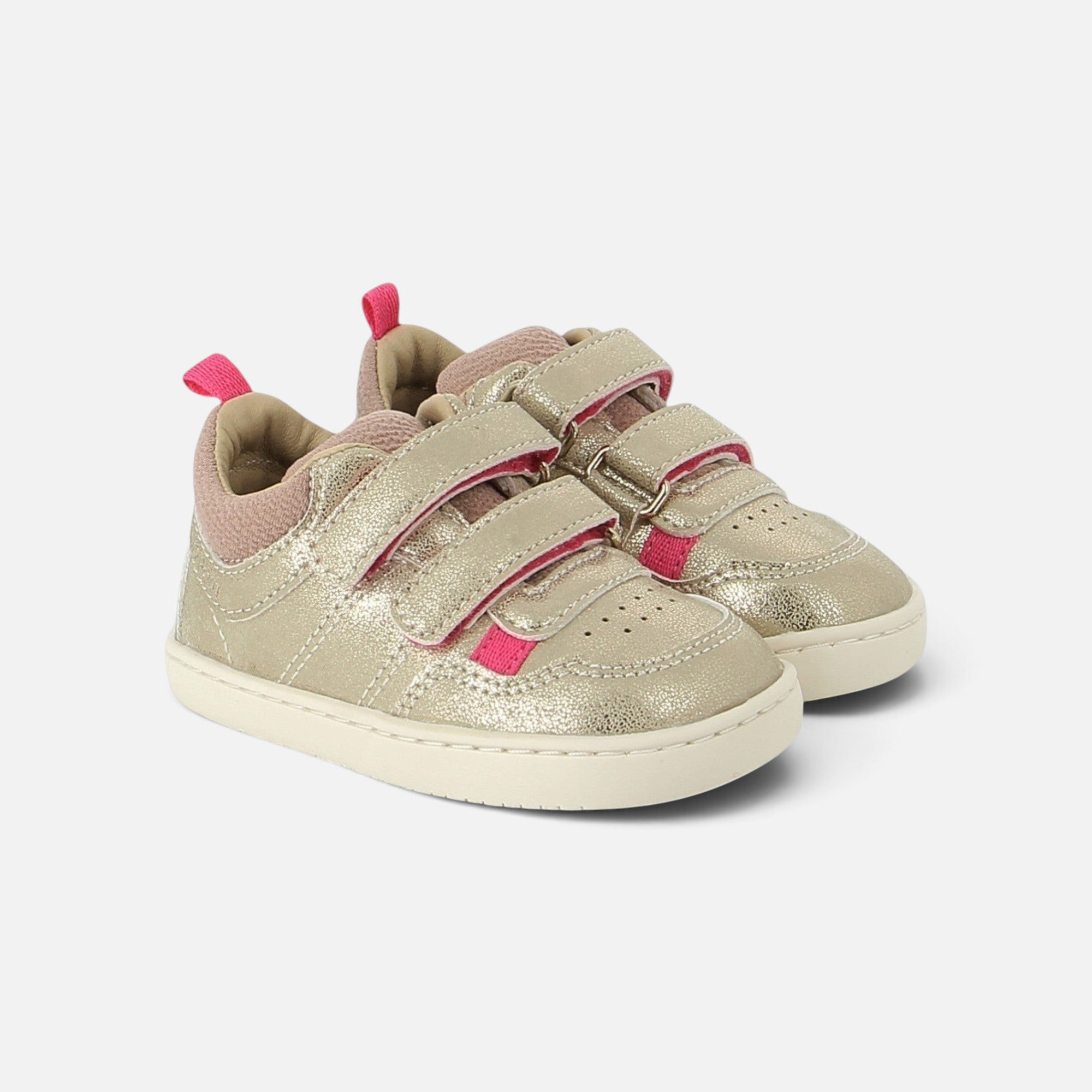 Basket barefoot Shoo Pom Tooties Easy en cuir laminé platine et marron avec fermetures scratch pour enfant
