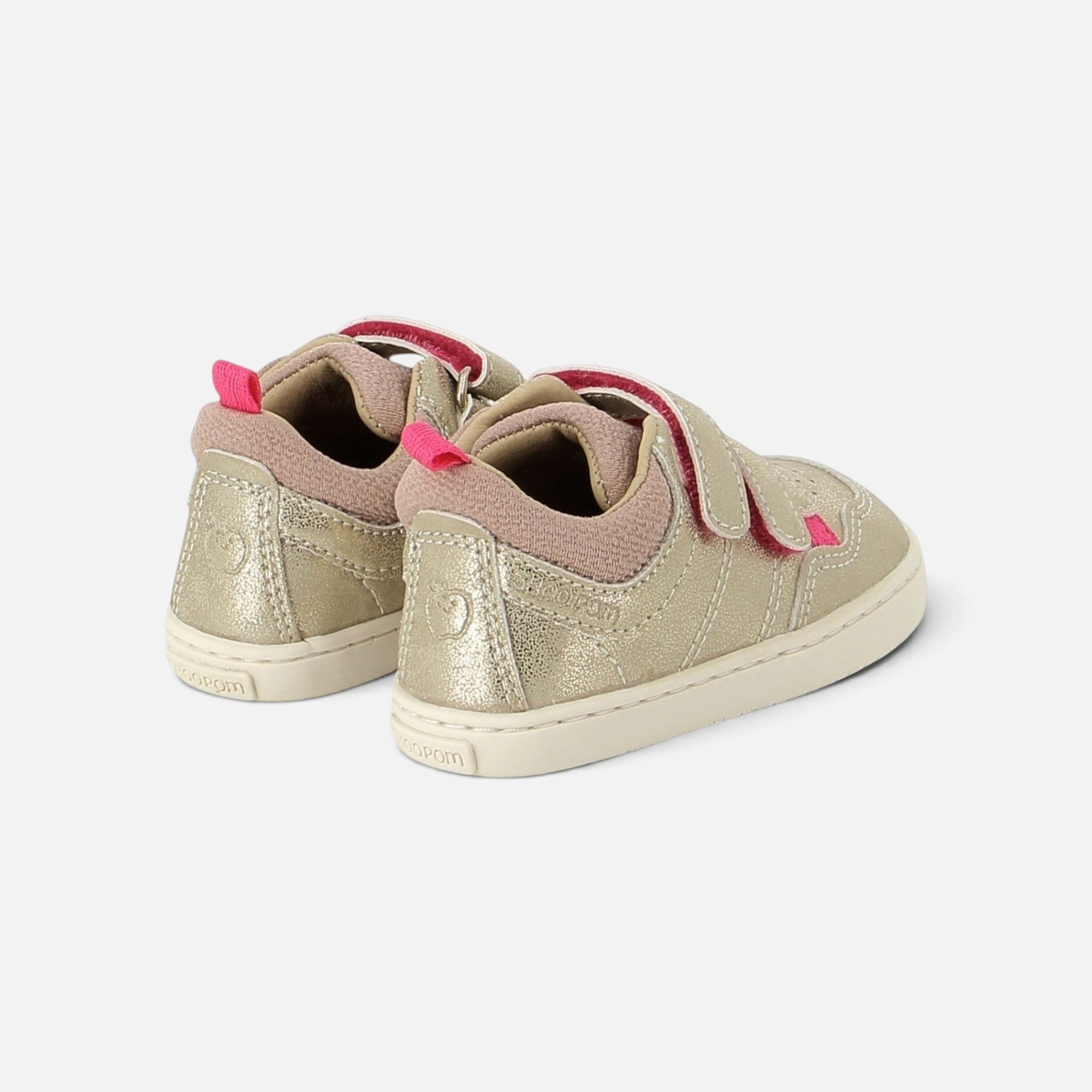 Basket barefoot Shoo Pom Tooties Easy en cuir laminé platine et marron avec fermeture scratch et semelle souple