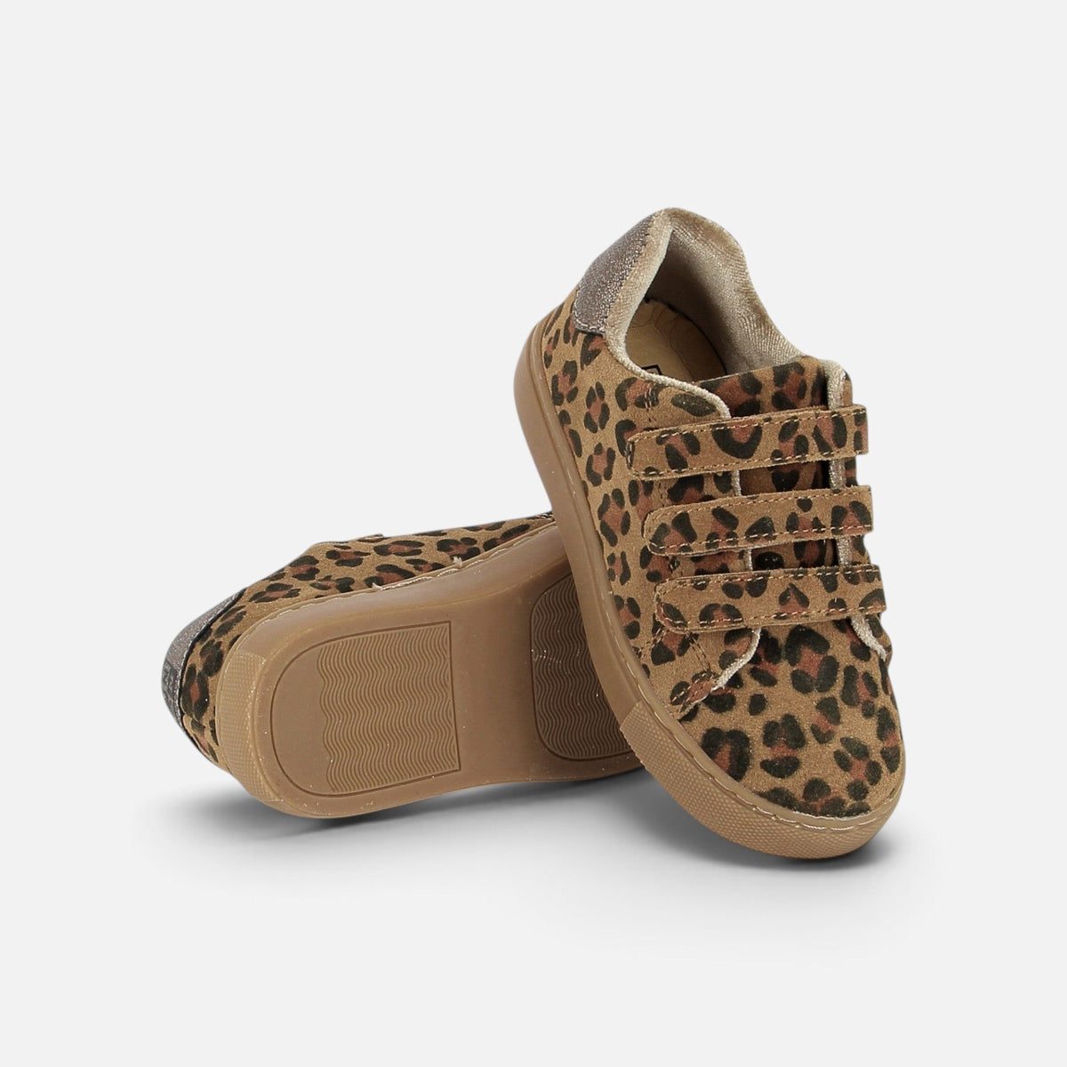 Baskets Shoo Pom à motif léopard avec fermetures à scratch et détails dorés au talon