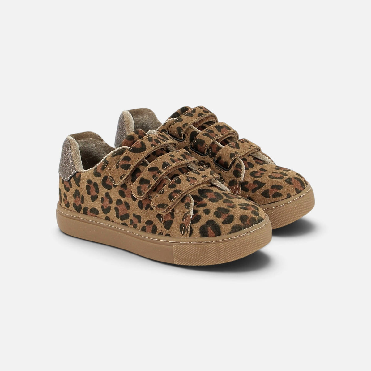 Baskets Shoo Pom pour enfant en cuir velours à motif léopard avec fermetures à scratch et semelle en gomme marron