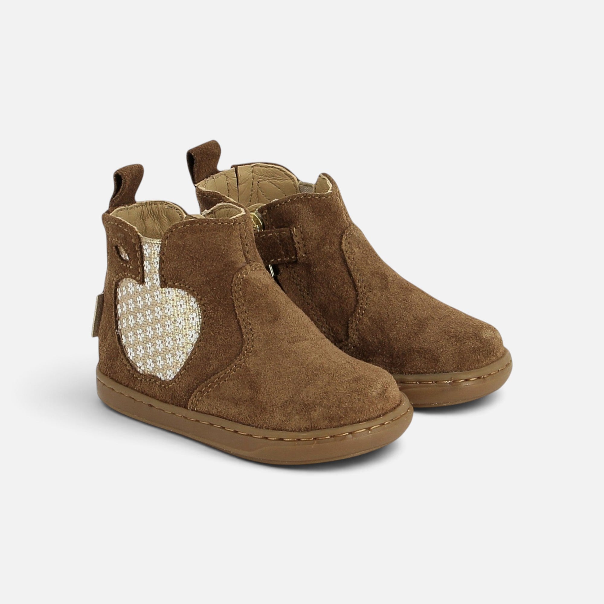 Bottines premiers-pas Shoo Pom Bouba Apple en velours marron avec motif pomme brillant et zip latéral pratique