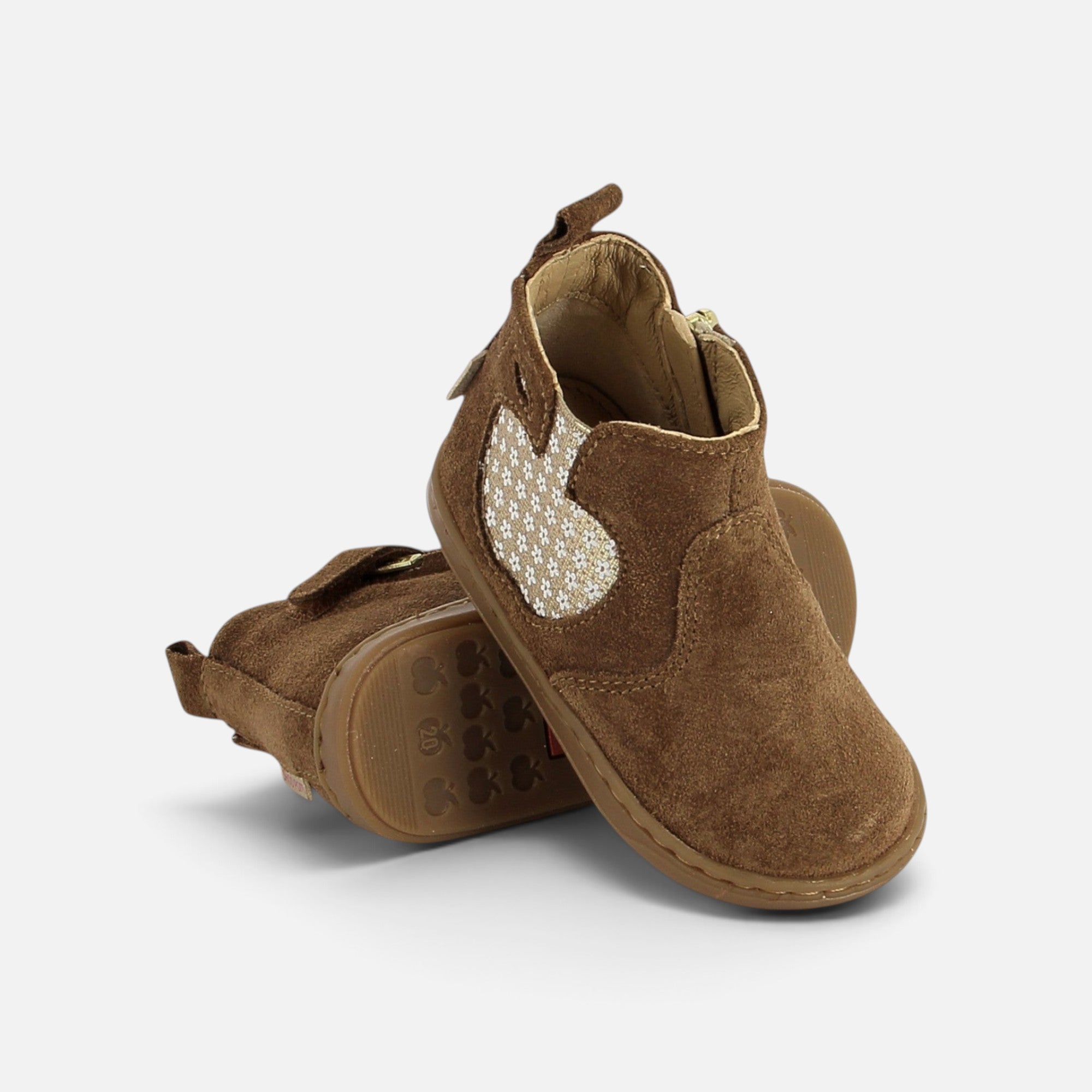Bottines premiers-pas Shoo Pom en velours camel avec motif pomme pailleté et fermeture éclair latérale