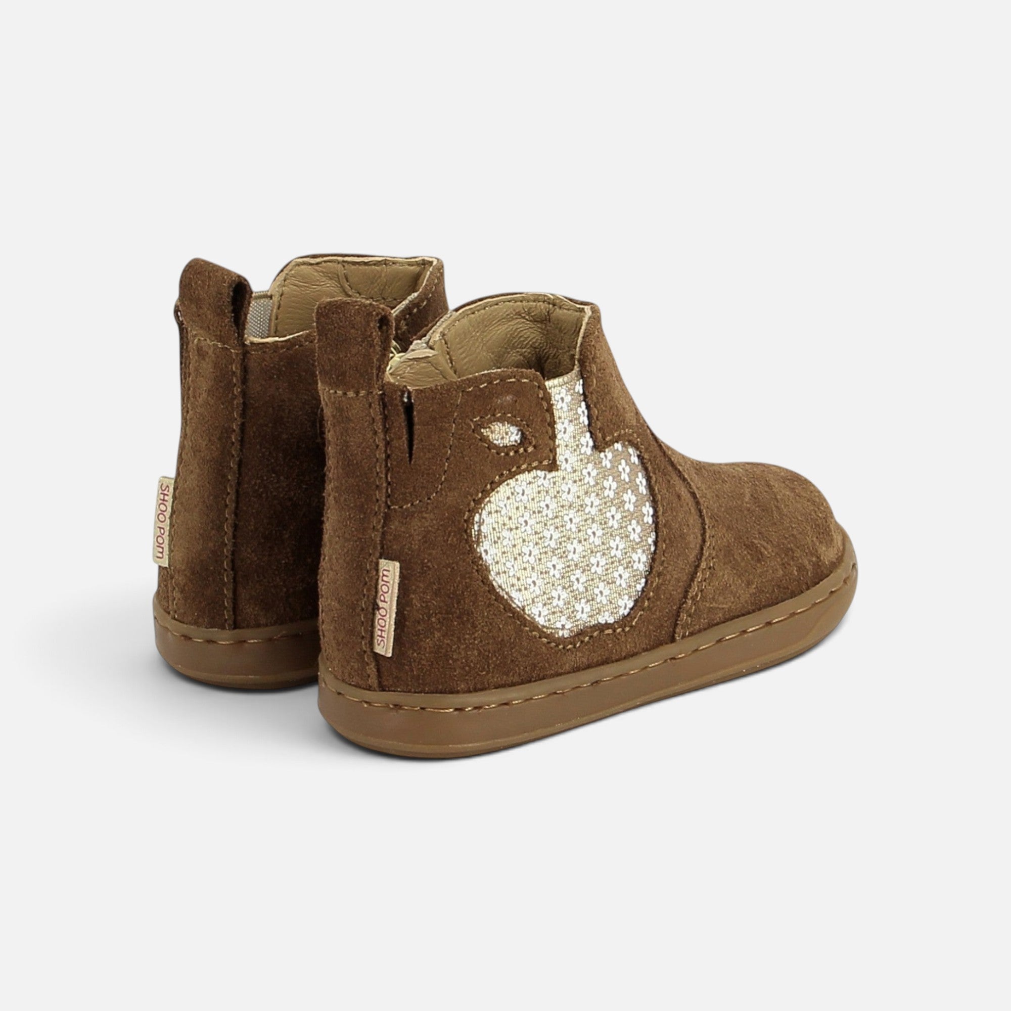 Bottines premiers-pas Shoo Pom en velours camel avec motif pomme pailleté et fermeture éclair latérale