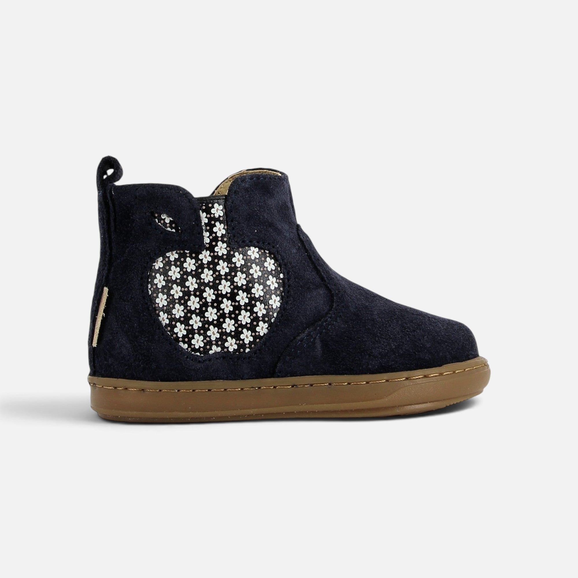 Bottines premiers-pas Shoo Pom en velours bleu marine avec motif pomme imprimé de petites fleurs blanches
