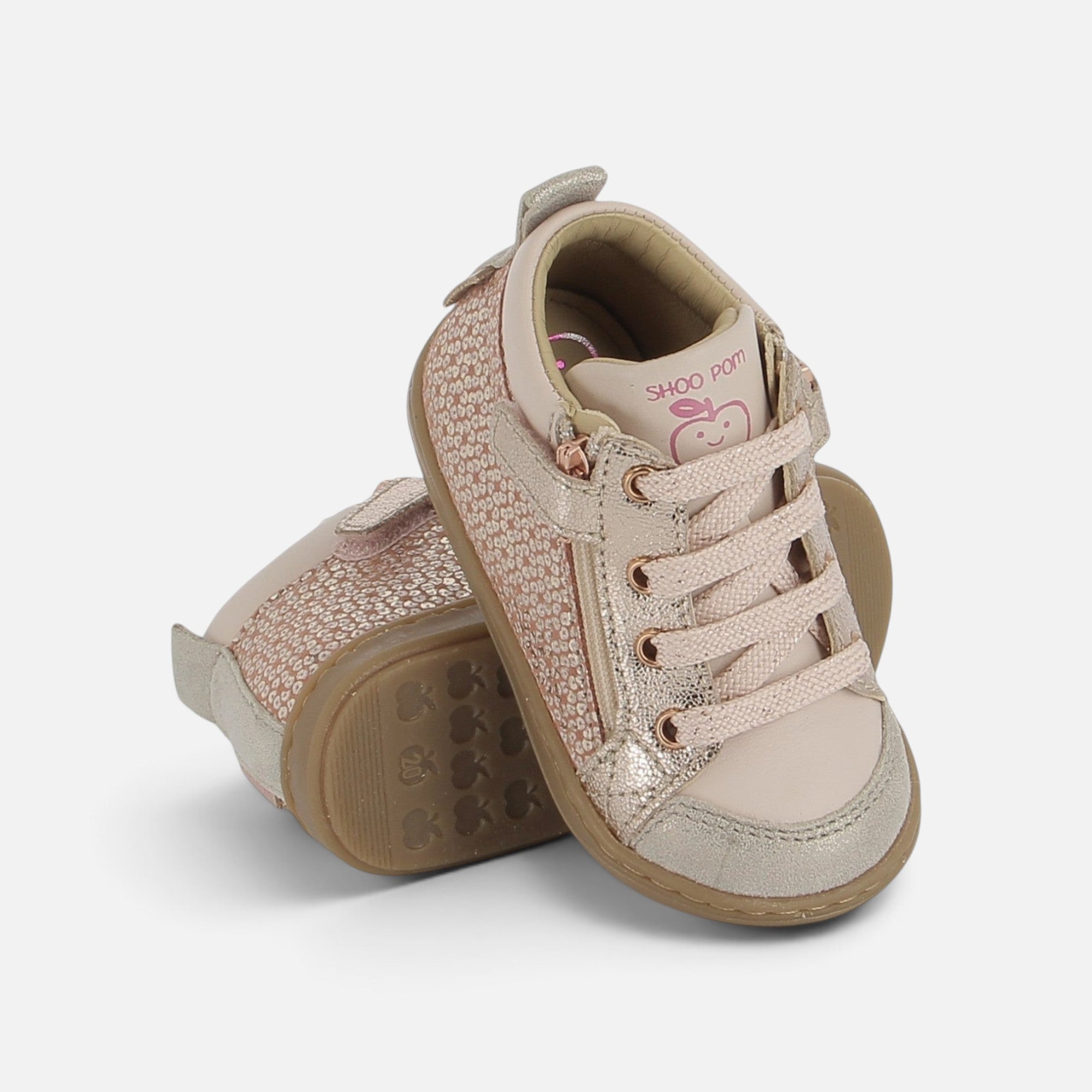 Baskets Shoo Pom Bouba Bi Zip en cuir beige et doré avec détails pailletés et fermeture éclair latérale
