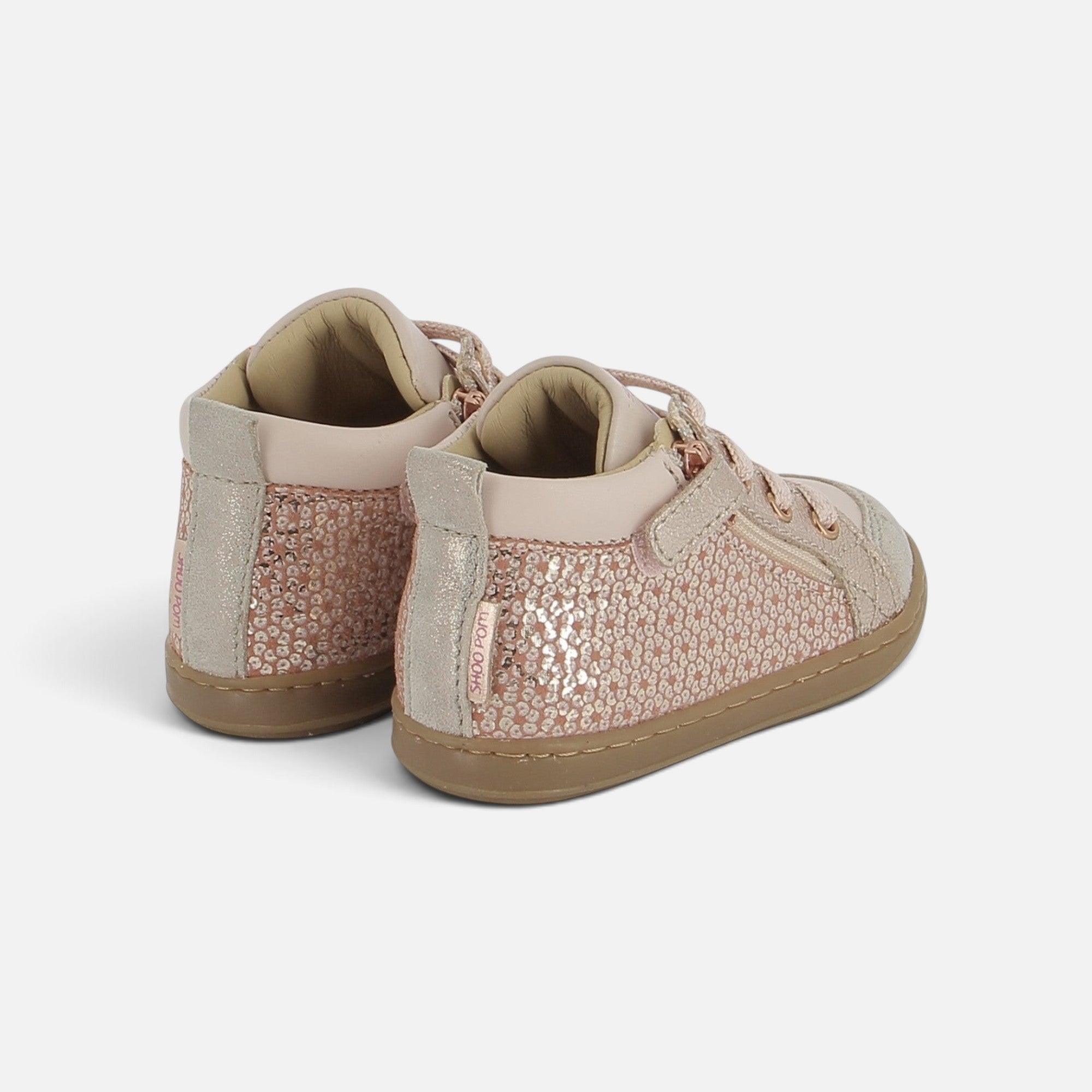 Baskets montantes Shoo Pom Bouba Bi Zip en cuir rose sable et détails pailletés dorés avec fermeture éclair latérale