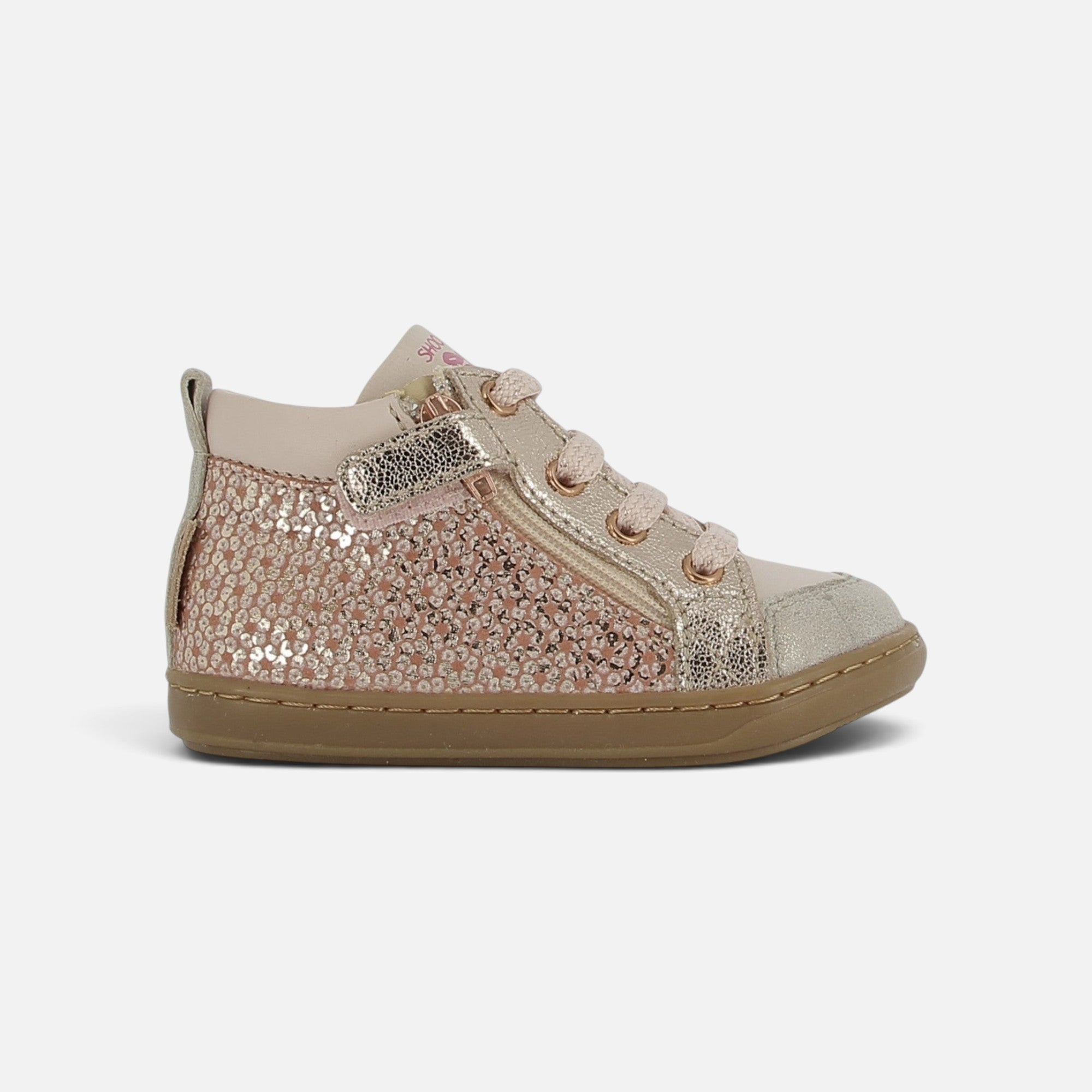 Baskets montantes Shoo Pom Bouba Bi Zip en cuir couleur sable et détails pailletés dorés avec fermeture éclair