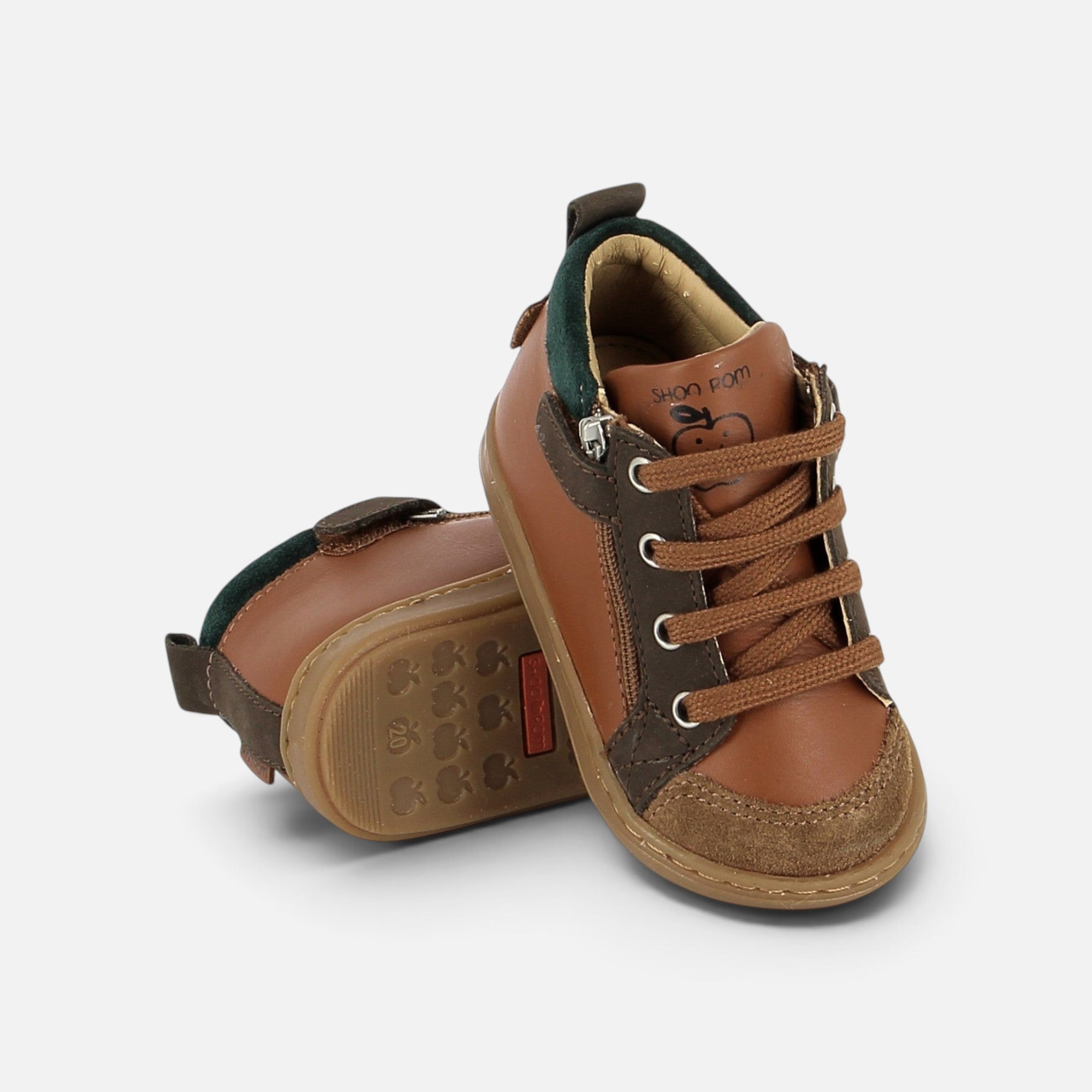 Chaussures premiers-pas Shoo Pom Bouba en cuir nappa et nubuck camel avec double zip et semelle souple en caoutchouc