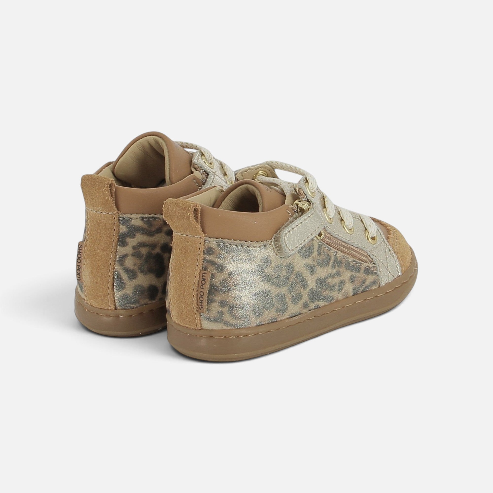 Baskets montantes Shoo Pom BOUBA BI ZIP en velours beige et cuir imprimé léopard doré avec fermeture éclair latérale