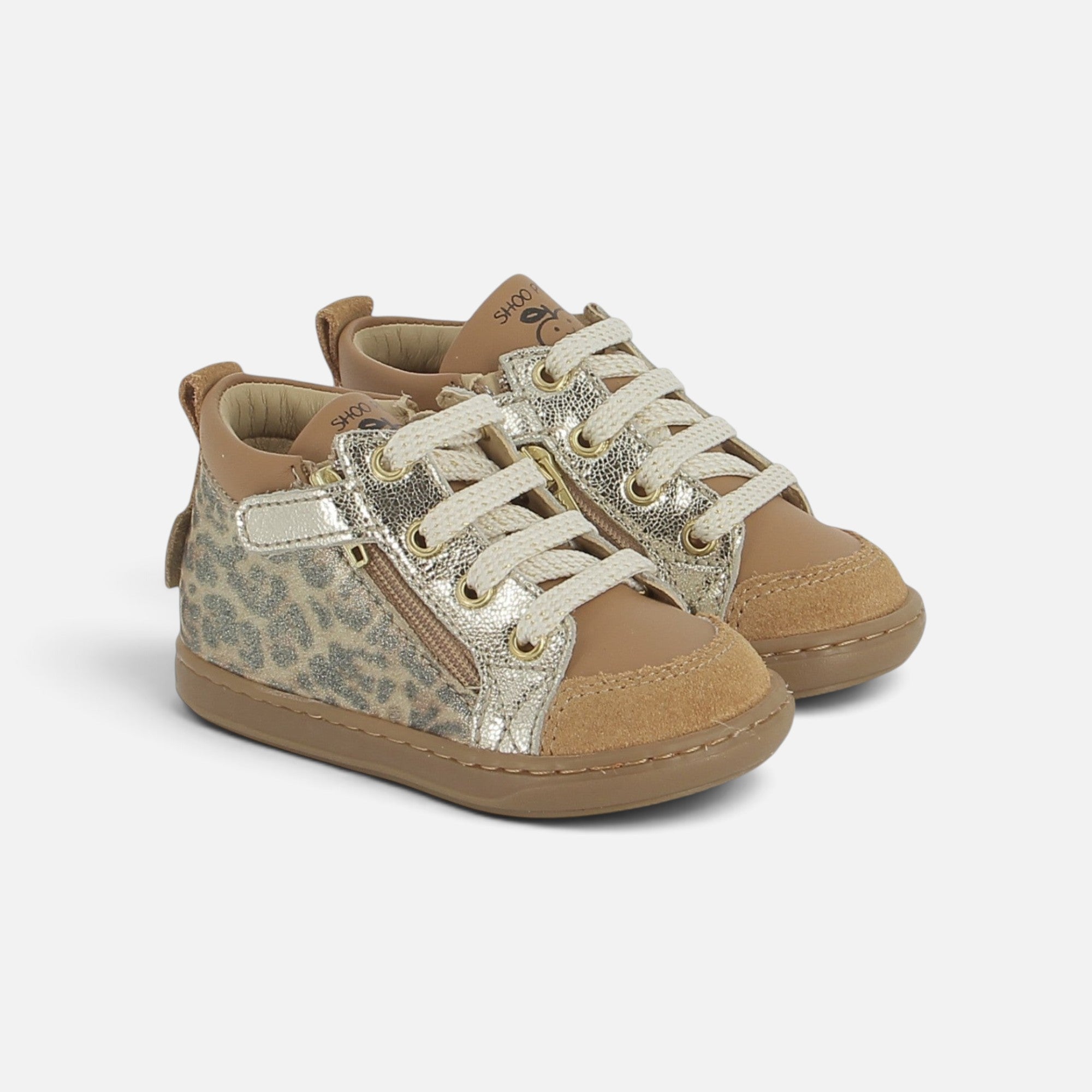 Baskets Shoo Pom Bouba Bi Zip en velours beige et cuir métallisé doré avec motif léopard et fermeture éclair latérale