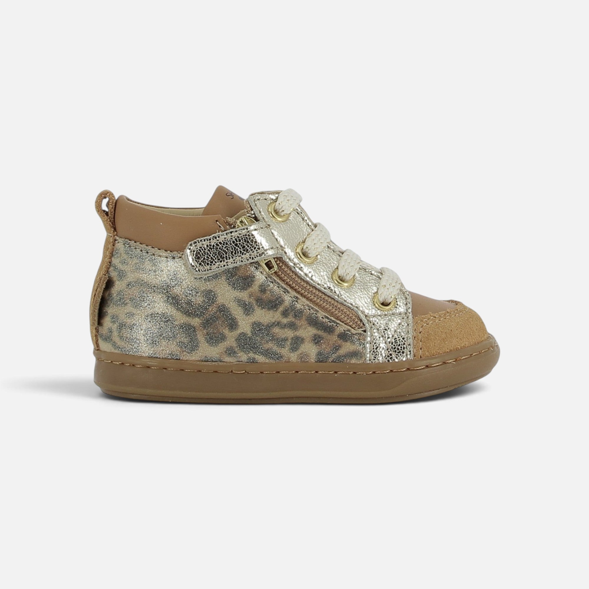 Baskets montantes Shoo Pom Bouba en velours marron et cuir imprimé léopard doré avec fermeture éclair latérale