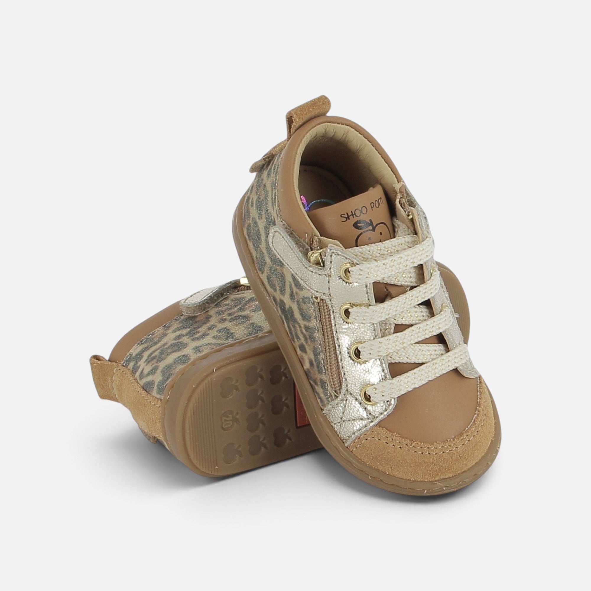 Baskets Shoo Pom Bouba Bi Zip en velours marron et cuir imprimé léopard avec détails dorés et lacets beiges