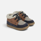 Chaussures premiers-pas Shoo Pom Bouba Boat Fur en cuir velours bleu marine et camel avec doublure en fourrure chaude