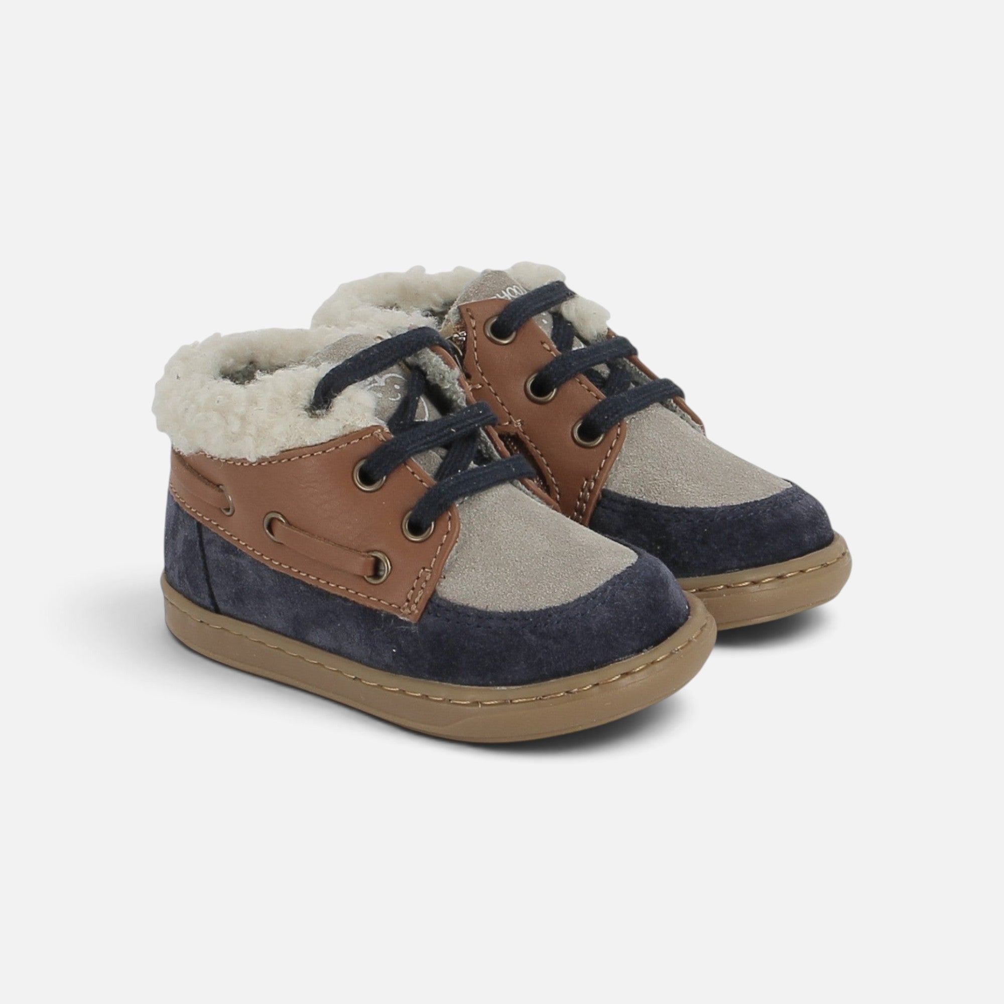 Chaussures premiers-pas Shoo Pom Bouba Boat Fur en cuir velours bleu marine et camel avec doublure en fourrure chaude