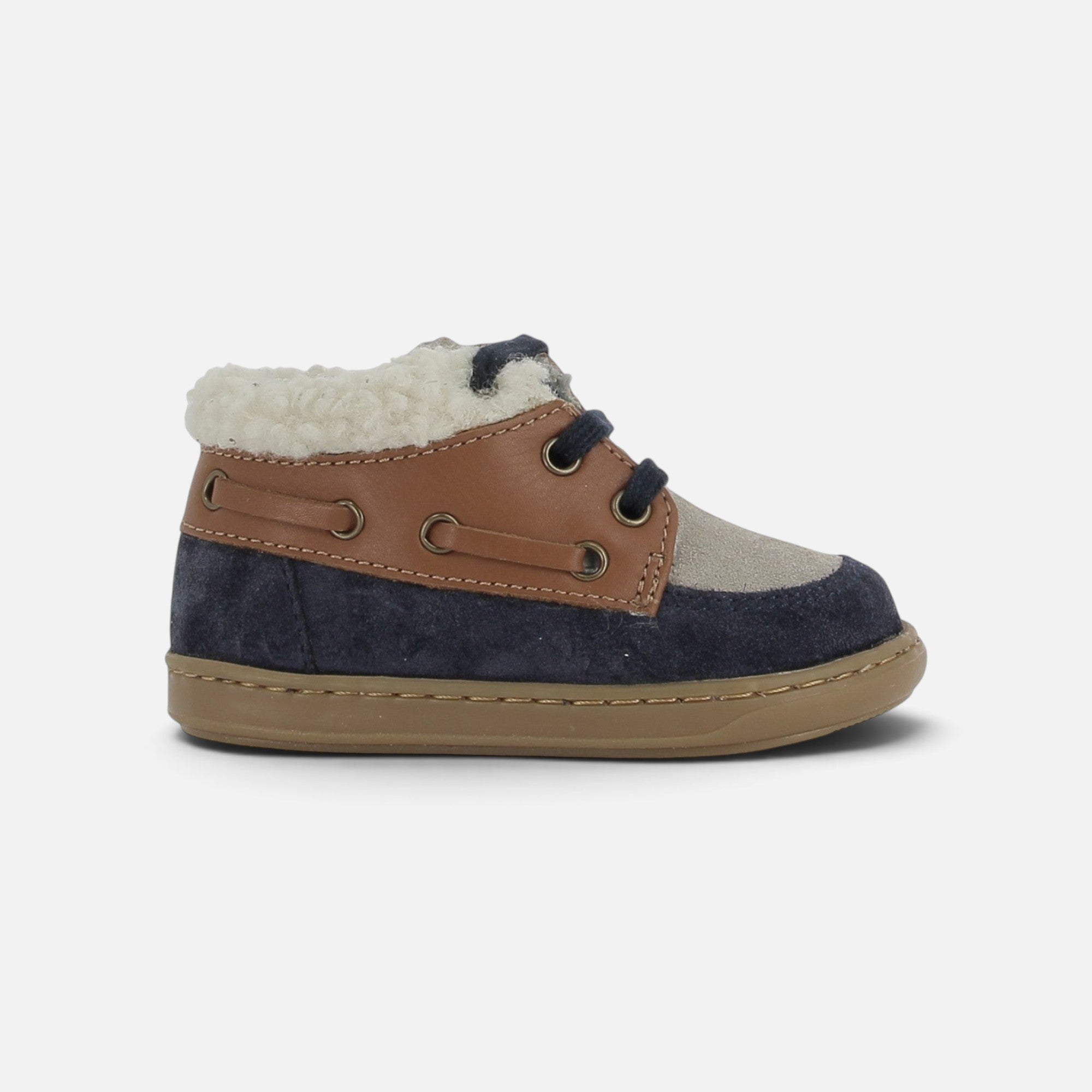 Chaussure premiers-pas Shoo Pom Bouba Boat Fur en cuir velours bleu marine et nappa camel avec doublure fourrée