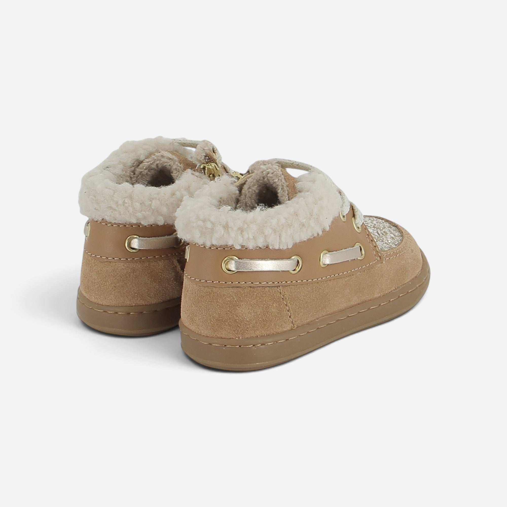 Chaussures premiers-pas Shoo Pom Bouba Boat Fur en cuir velours et nappa couleur terra avec doublure en fourrure