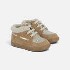 Chaussures premiers-pas Shoo Pom Bouba Boat Fur en cuir velours terra avec détails pailletés et doublure fourrée