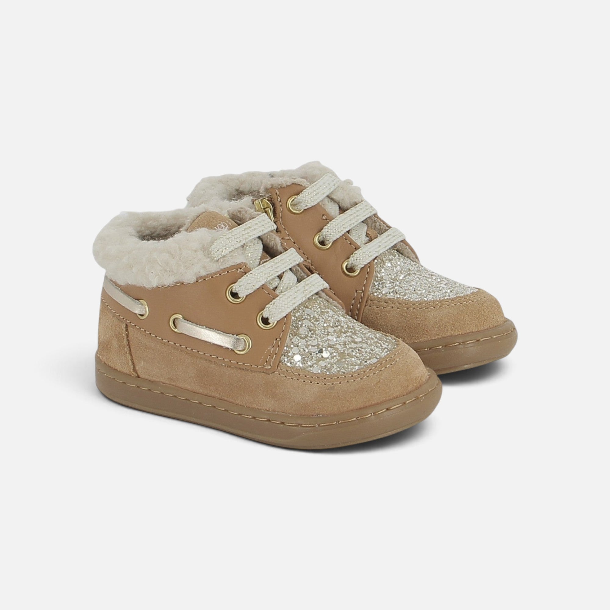 Chaussures premiers-pas Shoo Pom Bouba Boat Fur en cuir velours terra avec détails pailletés et doublure fourrée