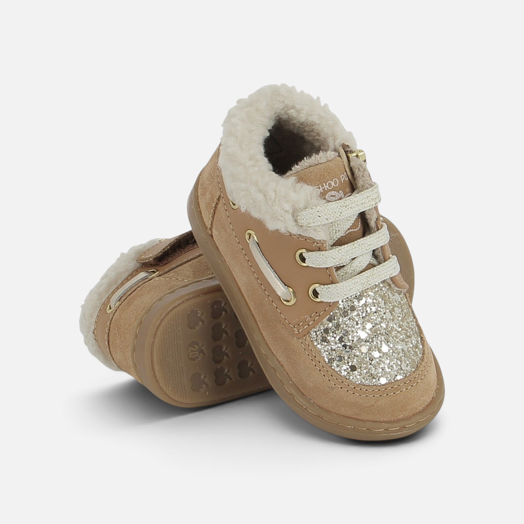 Chaussures premiers-pas Shoo Pom Bouba Boat Fur en cuir velours terra avec bout pailleté et doublure en fourrure