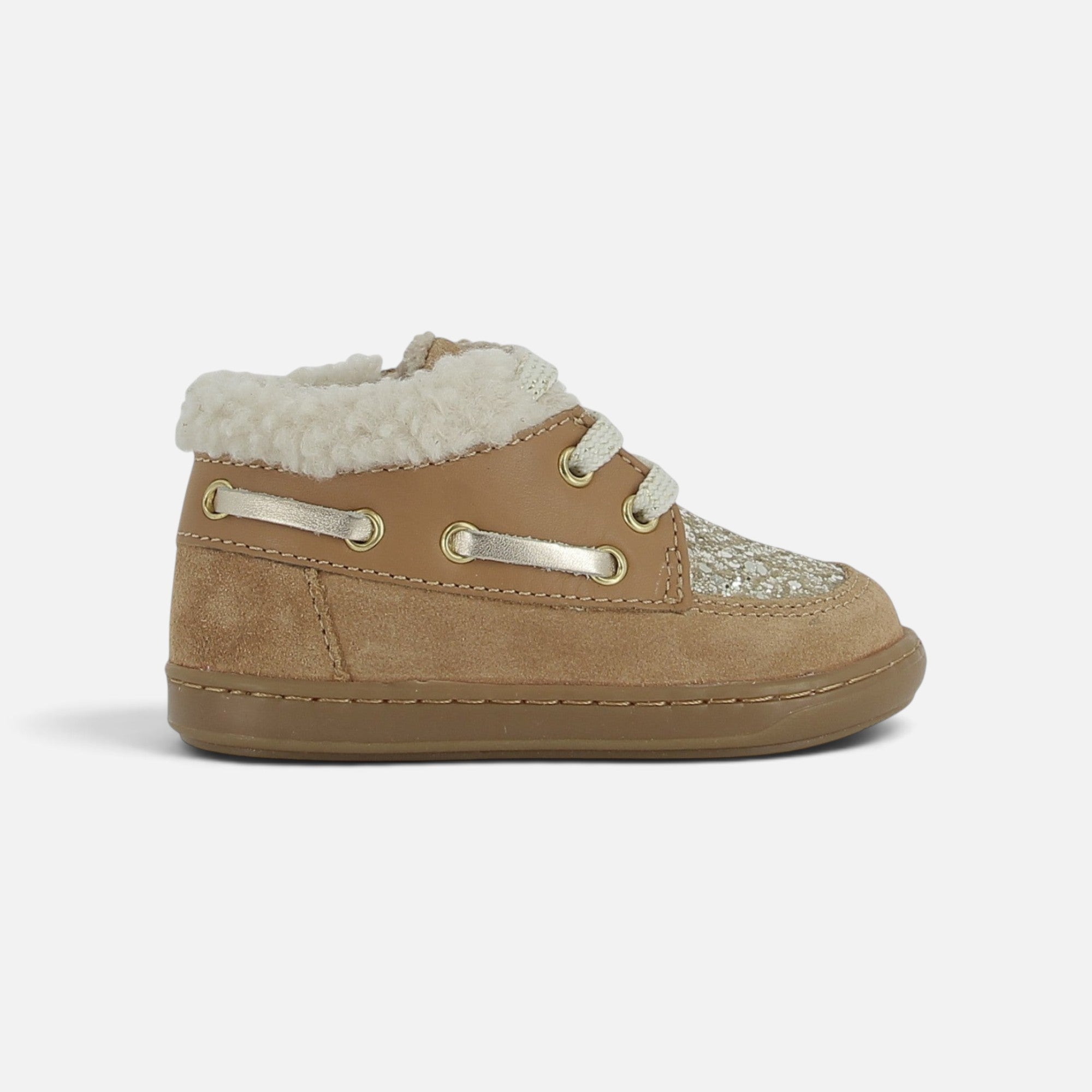 Chaussure premiers-pas Shoo Pom Bouba Boat Fur en cuir velours et nappa couleur terra avec doublure fourrée chaude