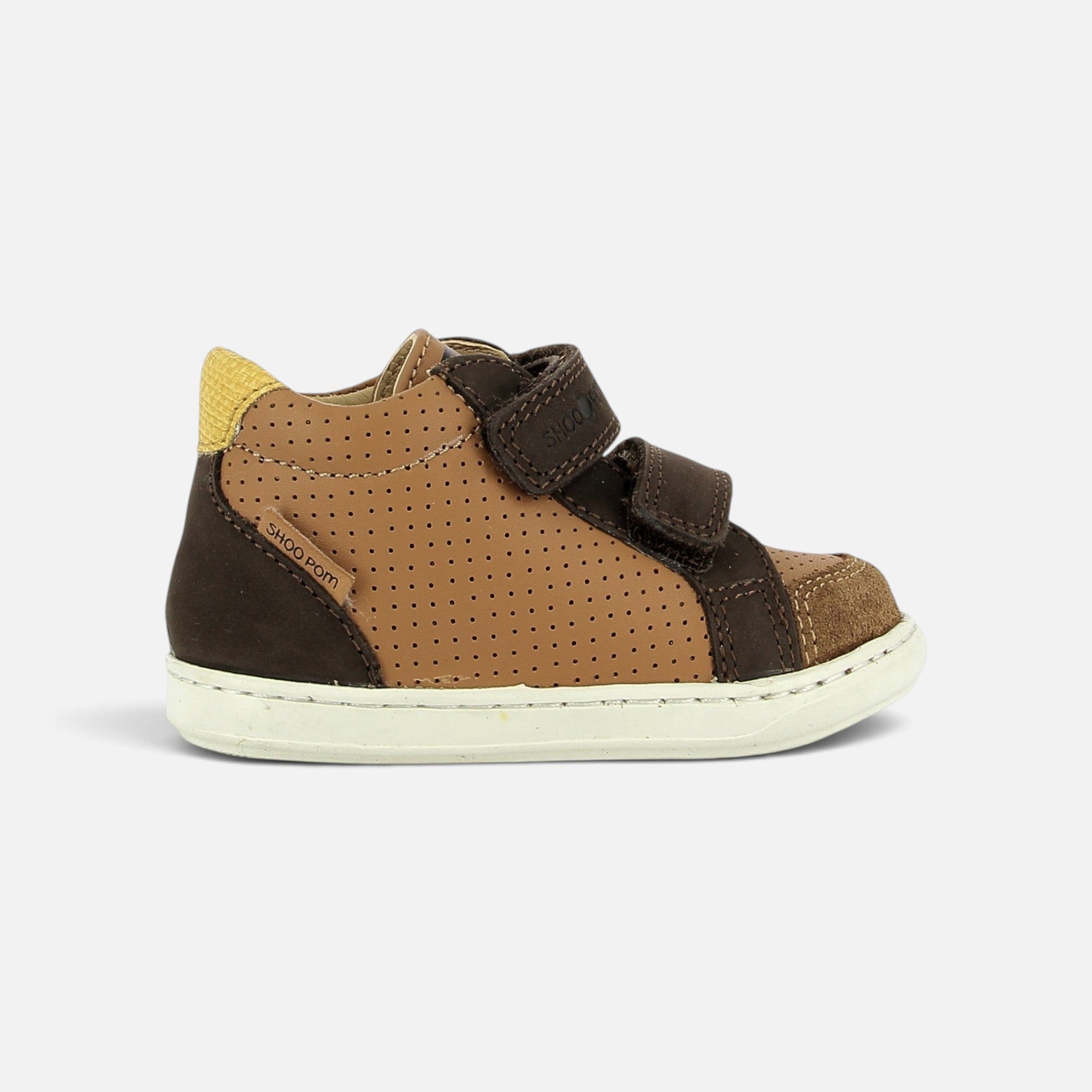 Chaussure premiers-pas Shoo Pom Bouba Box Easy en cuir nappa et nubuck marron chocolat et terra avec scratchs