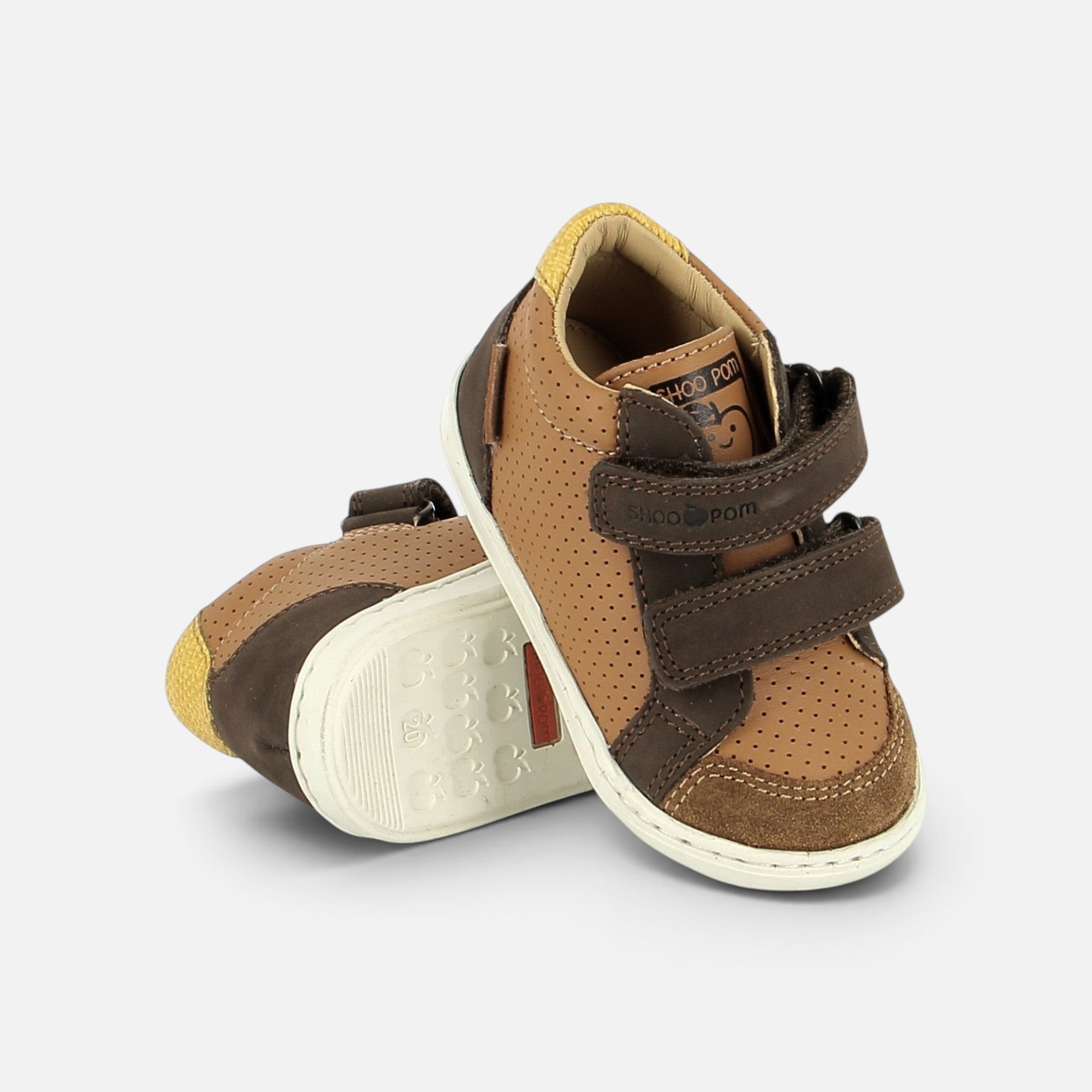 Chaussures premiers-pas Shoo Pom Bouba Box Easy en cuir nappa et nubuck marron chocolat et terra avec scratchs
