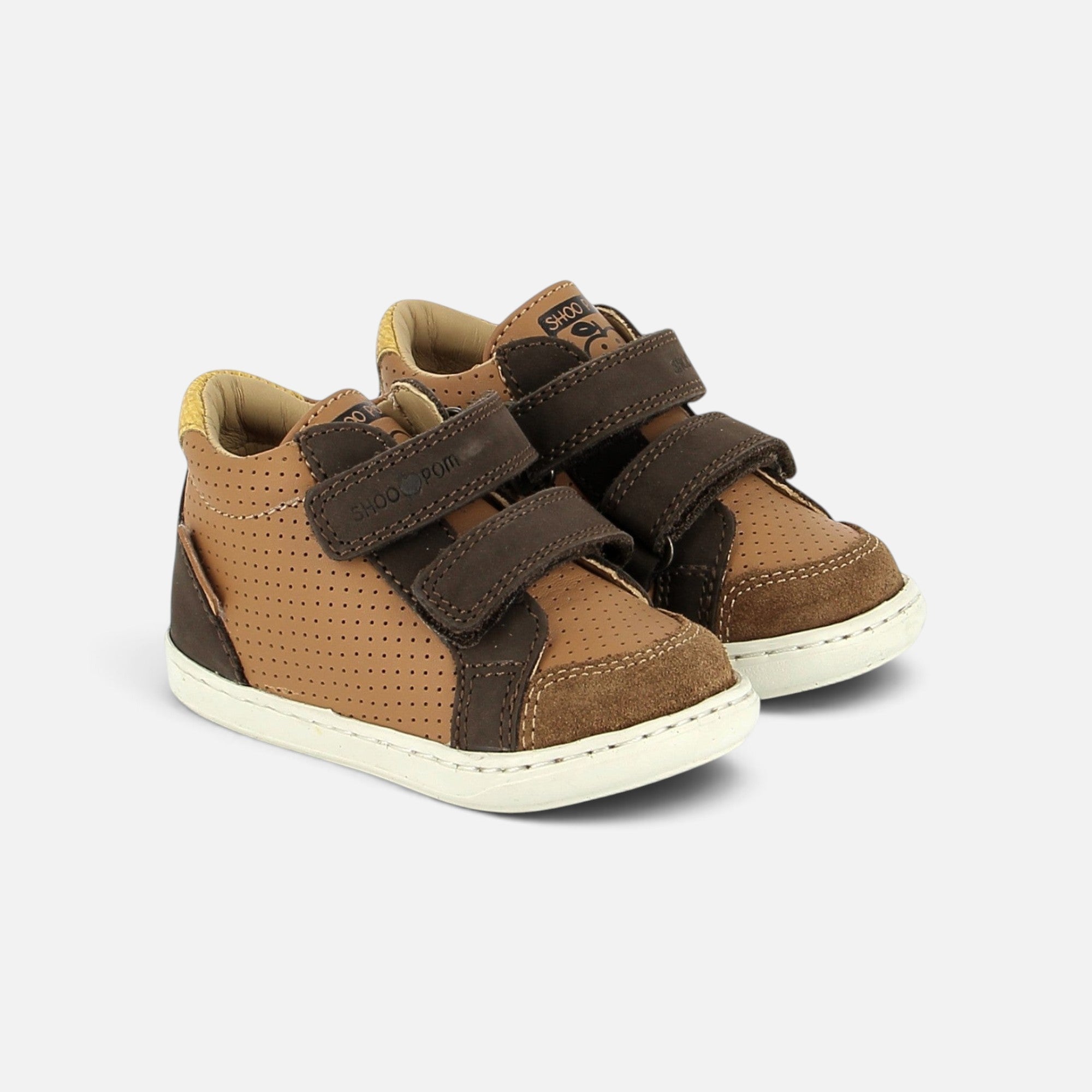 Chaussures premiers pas Shoo Pom Bouba Box Easy en cuir nappa et nubuck marron terra et chocolat avec scratchs