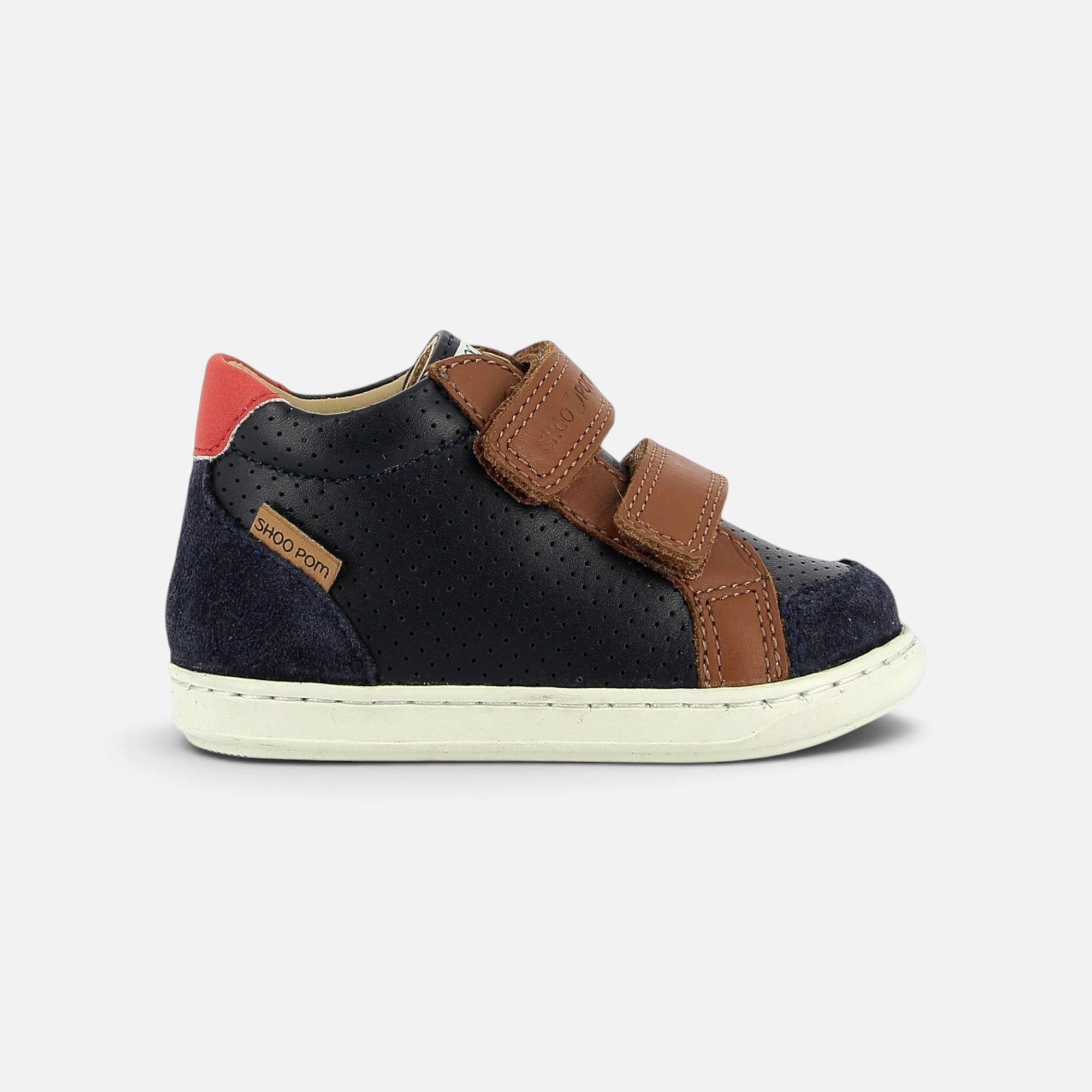 Chaussures premiers pas Shoo Pom en cuir velours et nappa bleu marine et camel avec scratchs et semelle souple