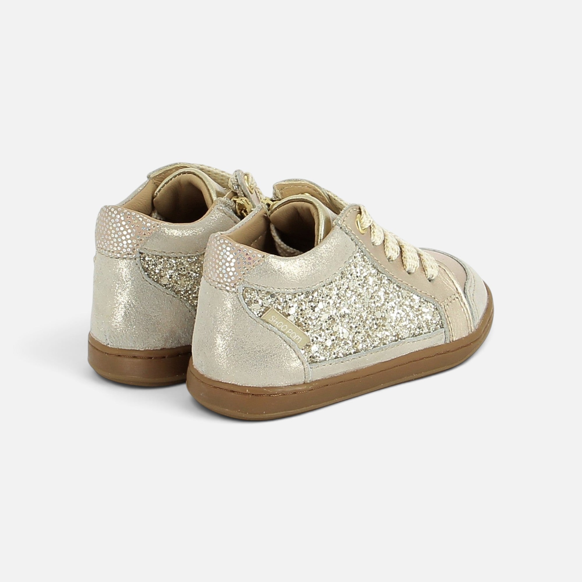 Chaussures premiers-pas Shoo Pom Bouba Connect en cuir platine avec détails pailletés et semelle souple