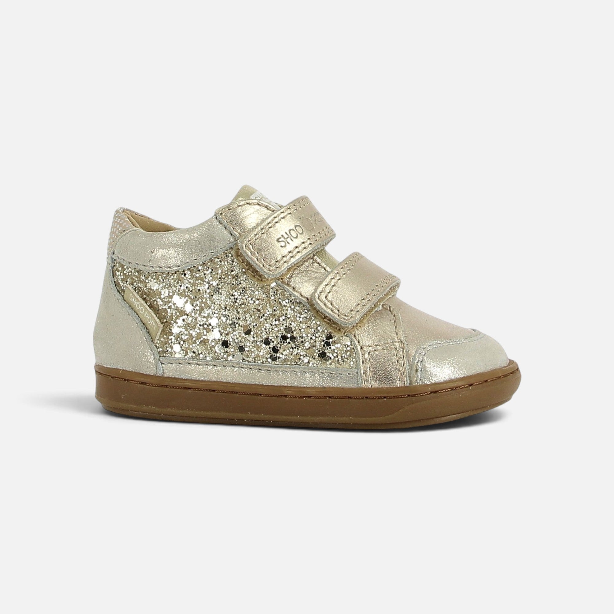 Chaussures premiers-pas Shoo Pom Bouba Easy en cuir platine avec détails pailletés et fermetures à scratch
